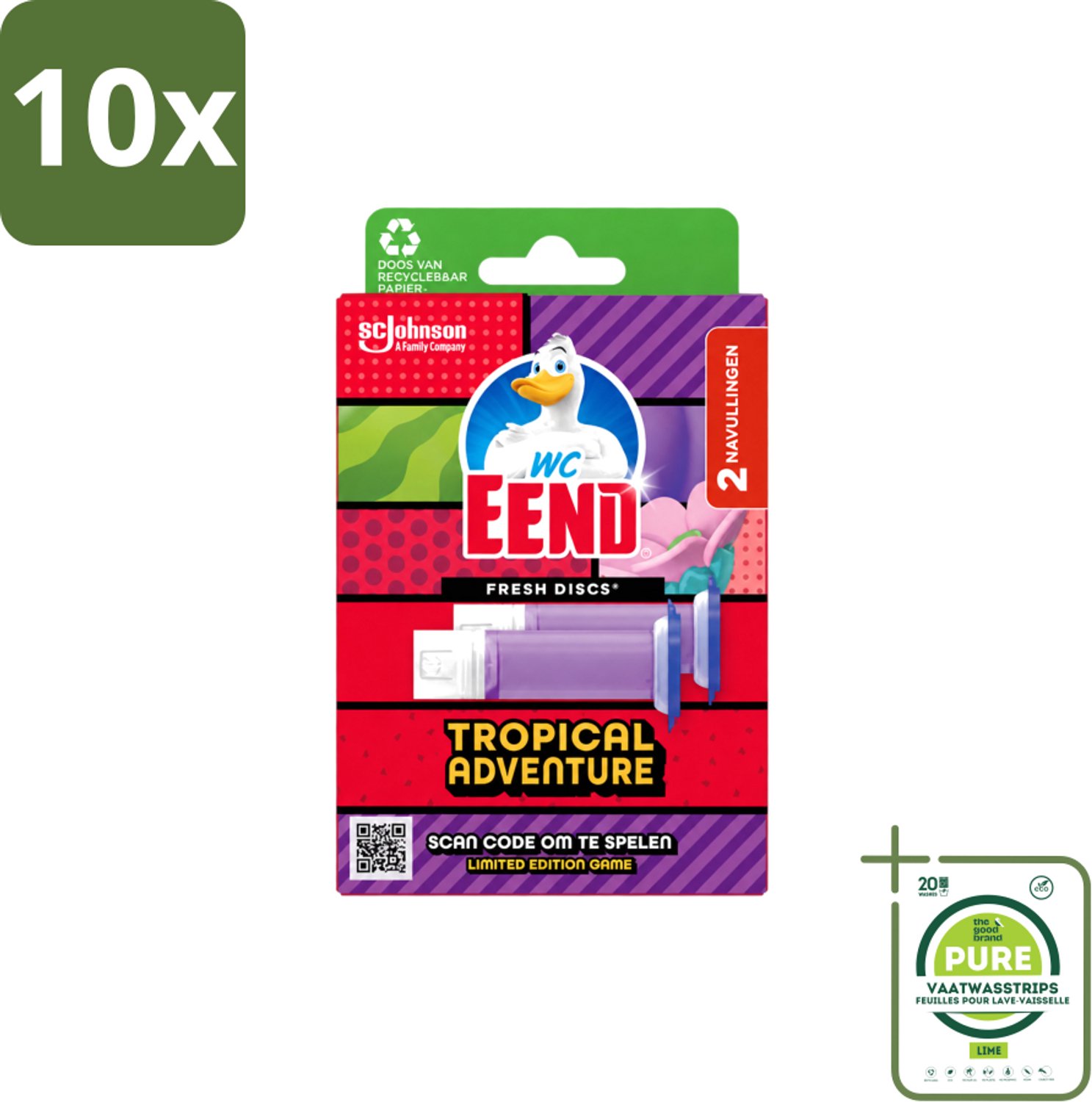 10 x WC Eend – Fresh Discs – Duo Navulling – Tropical Adventure – 72 ml - Grootverpakking - Vaatwasstrips - Toilet Reinigen - Toilet Geur - Toilet Hygiëne - Toilet Schoon - Toilet Fris