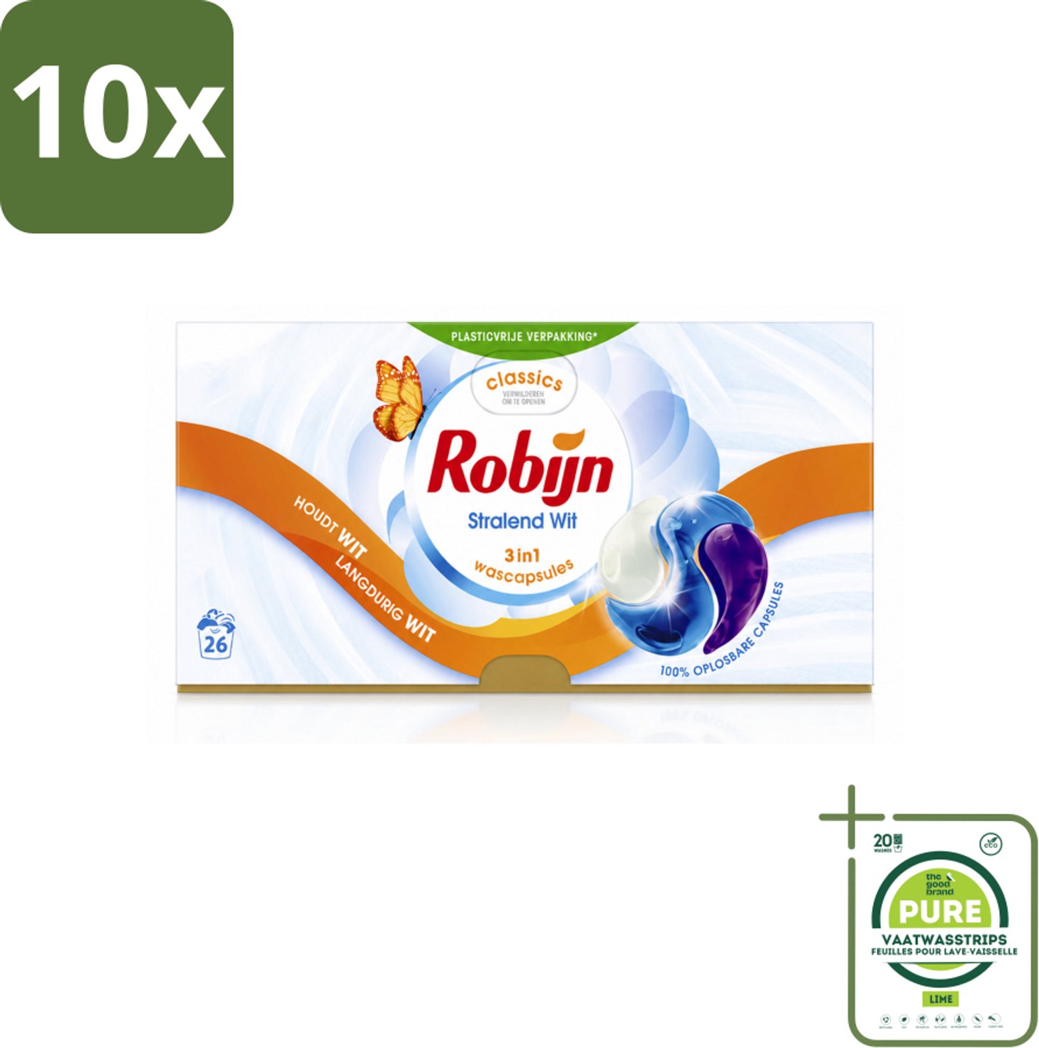 10 x Robijn – 3-in-1 Wascapsules – Stralend Wit - 26 Capsules - Grootverpakking - Vaatwasstrips - Wascapsules - Witte Was - Wasverzachter - Wasgeur - Wasbehandeling