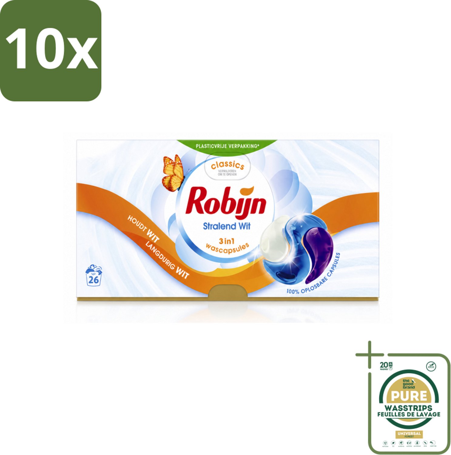 10 x Robijn – 3-in-1 Wascapsules – Stralend Wit - 26 Capsules - Wasstrips - Witwas - Wascapsules - Witmakers - Wasverzachter - Wasgeur