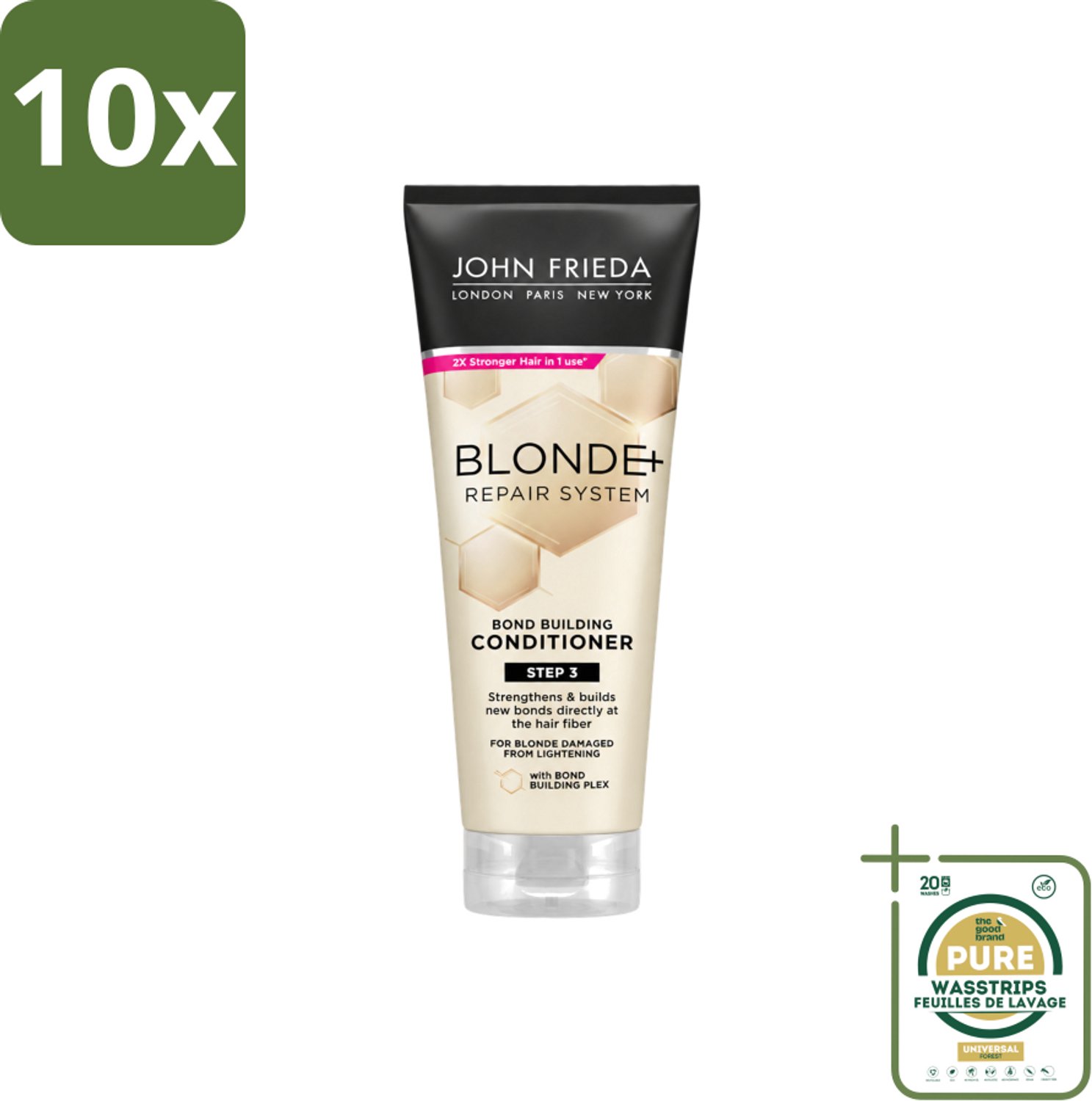 10 x John Frieda – Conditioner – Blonde+ Repair Bond Building – Herstellend – 250 ml - Wasstrips - Herstel Blond Haar - Beschadigd Haar - Haar Versterken - Haar Glans - Haar Herstellen