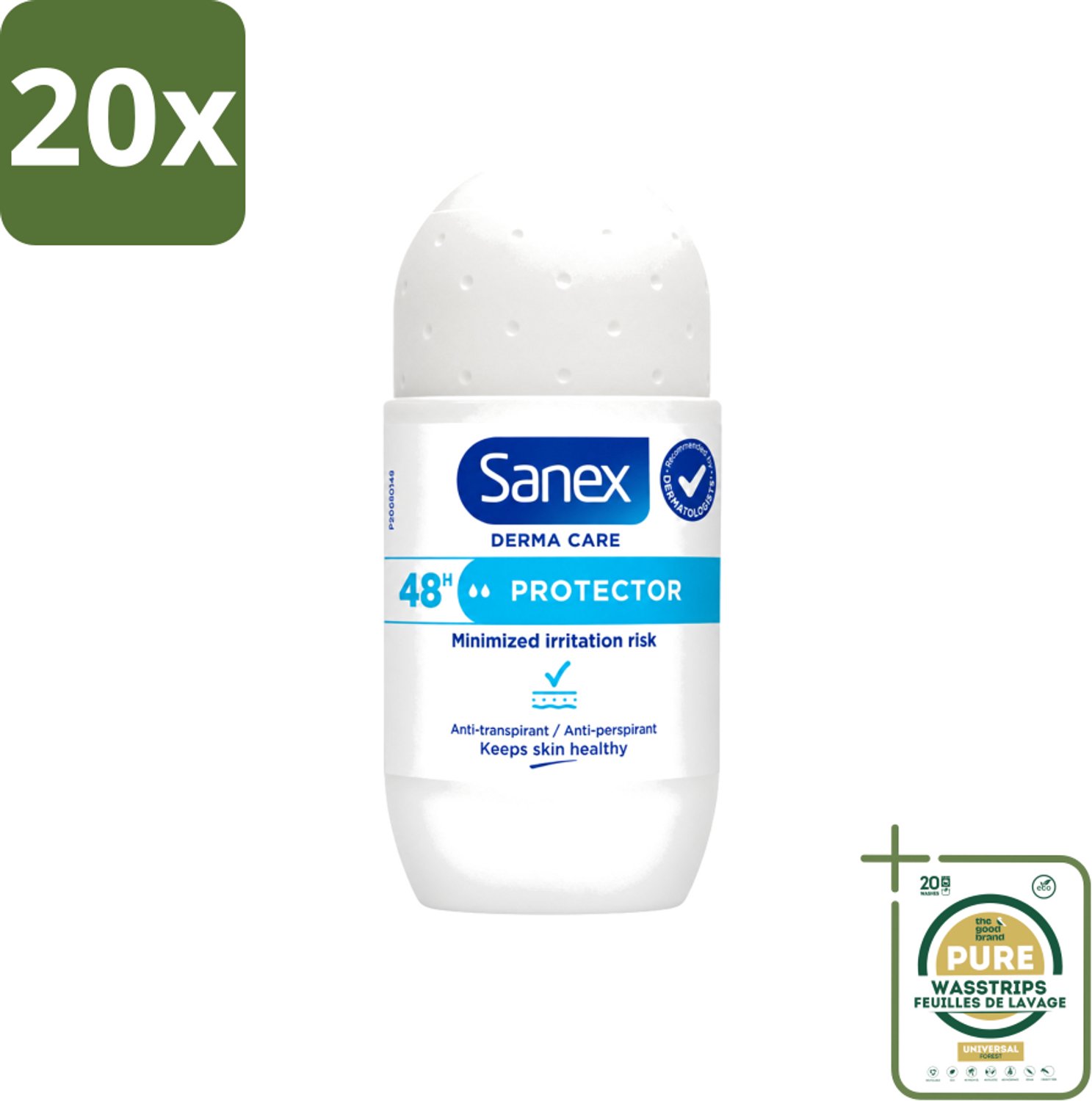 20 x Sanex – Deodorant Roller – Dermo Protector – 53 ml - Wasstrips - Deodorant Roller - Dermo Protector - Transpiratie Bescherming - Geurvervoorkomend - Huidbescherming