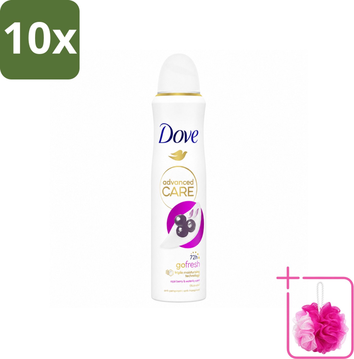 10 x Dove – Deodorant Spray – Acai Berry & Waterlily – 150 ml - Bulkverpakking - Anti-transpirant - Douchemop - Deodorant spray