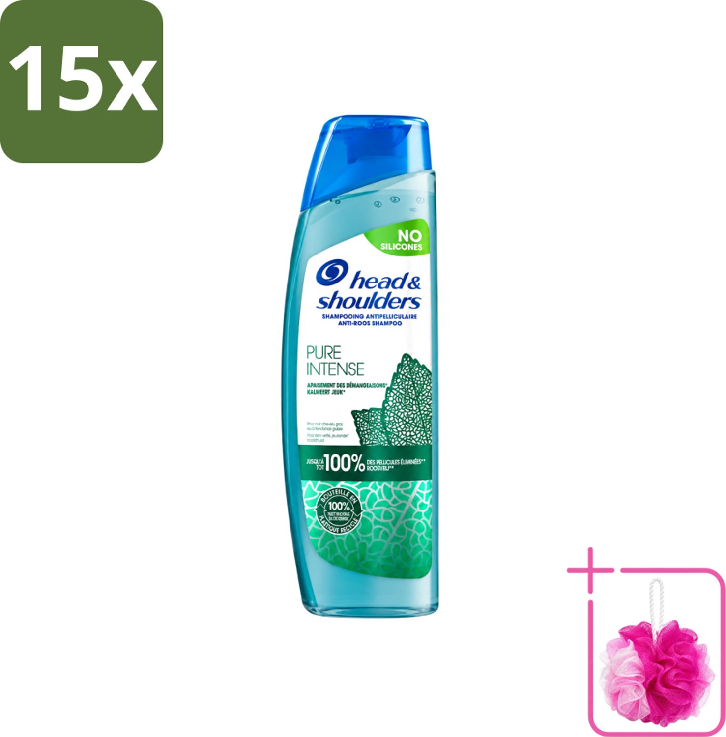15 x Head & Shoulders – Shampoo – Pure Intense Kalmeert Jeuk – 250 ml - Bulkverpakking - Anti-roos shampoo - Douchemop - Shampoo bij jeukende hoofdhuid