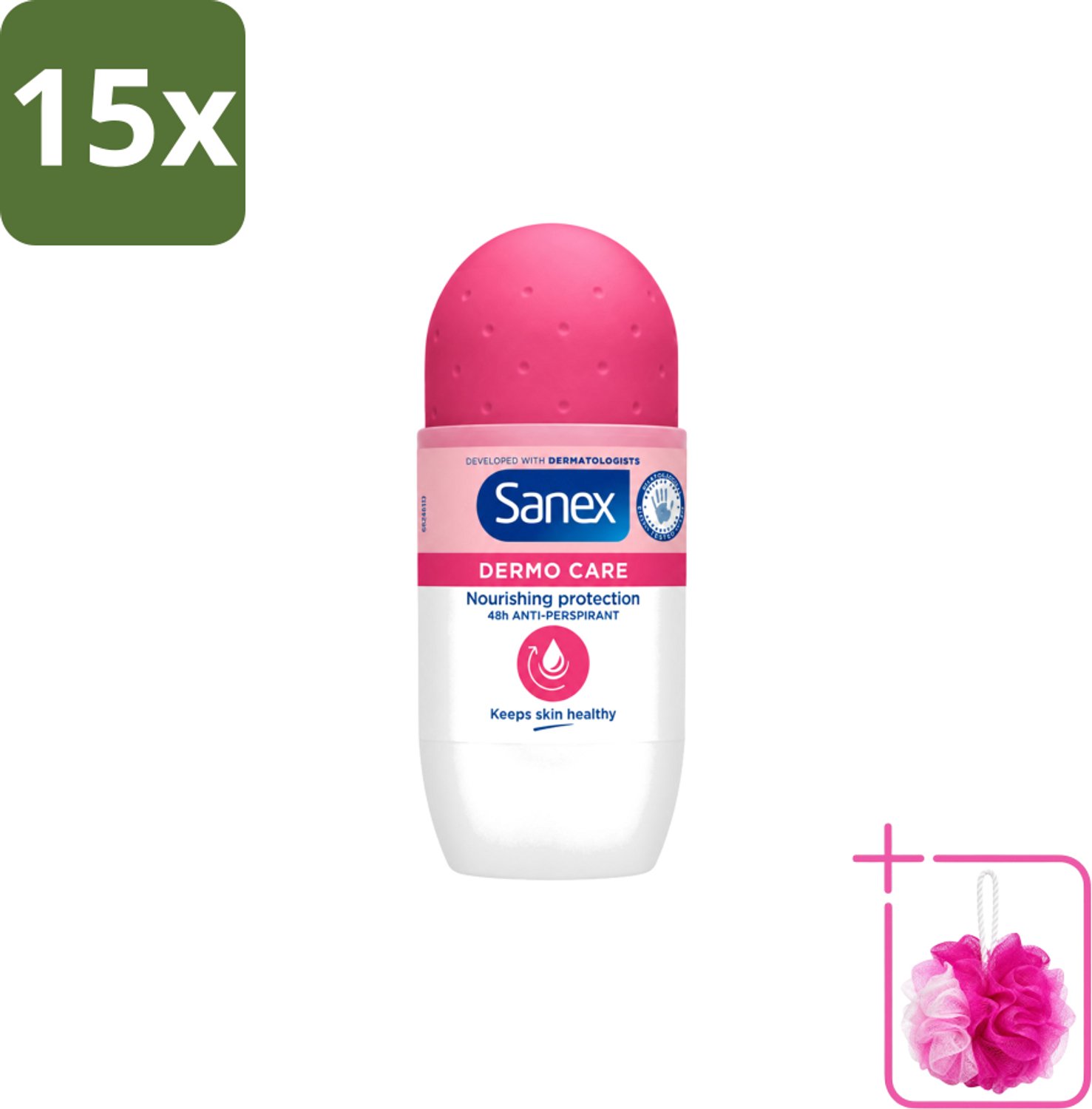 15 x Sanex – Deodorant Roller – Dermo Care 48H Antiperspirant - 50 ml - Bulkverpakking - Antiperspirant 48h - Douchemop - Roll-on antiperspirant