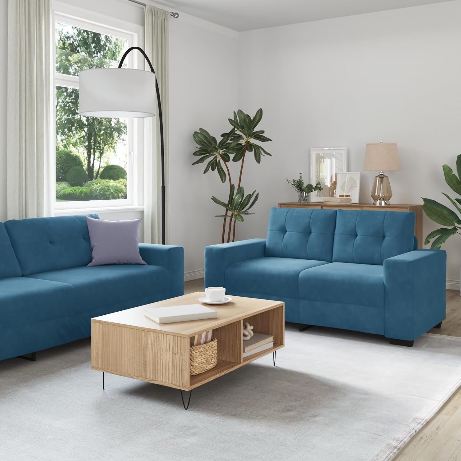 2-delige bankset met kussen blauw fluweel modern design met geometrische lijnen en zachte bekleding stabiel frame en vlekbestendige hoezen