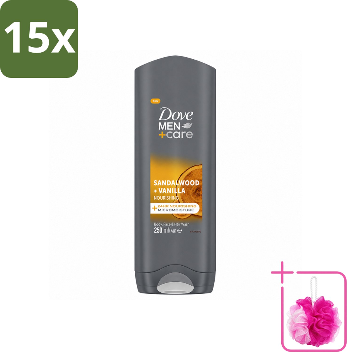 15 x Dove – Douchegel – Men+Care Sandalwood & Vanilla – 250 ml - Bulkverpakking - Douchegel voor mannen - Douchemop - Huidverzorging