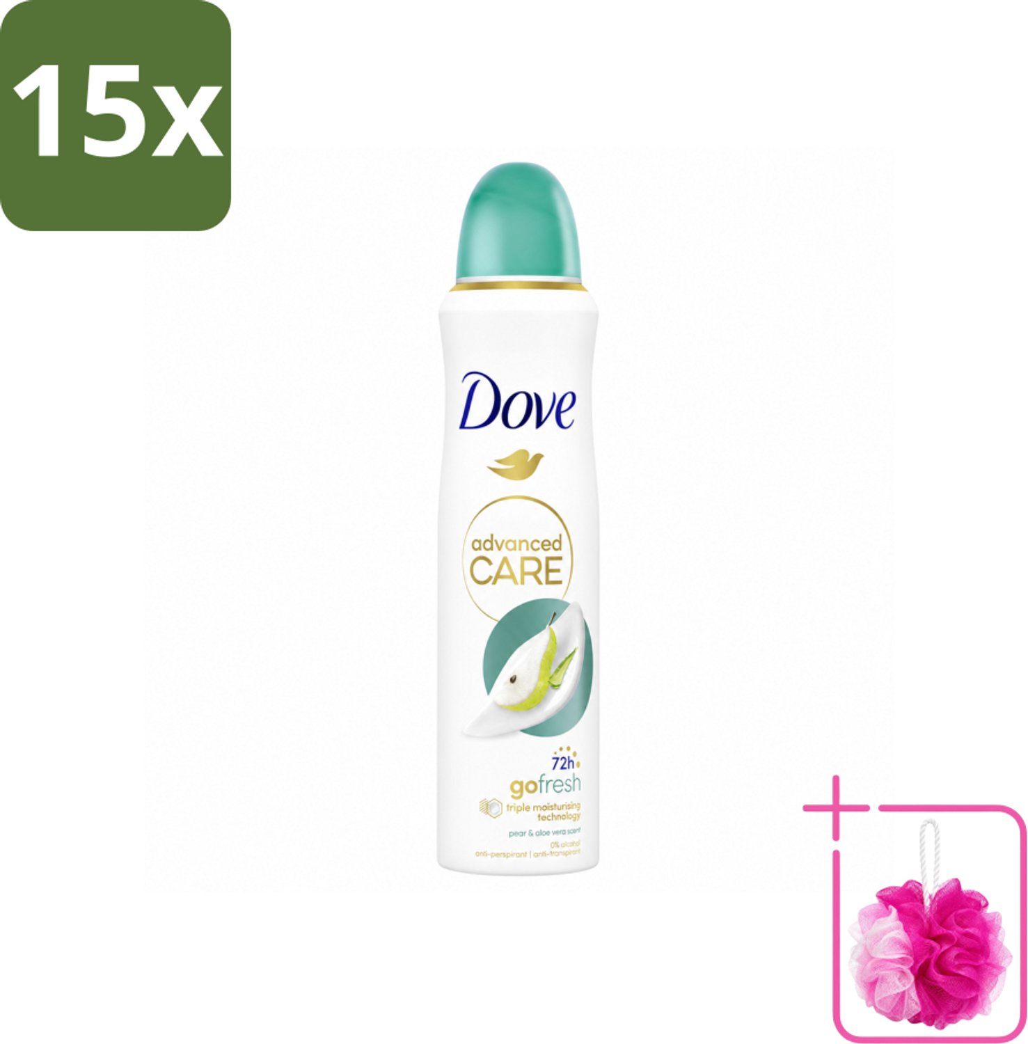 15 x Dove – Deodorant Spray – Peer & Aloe Vera – 150 ml - Bulkverpakking - Anti-transpirant - Douchemop - Deodorant spray