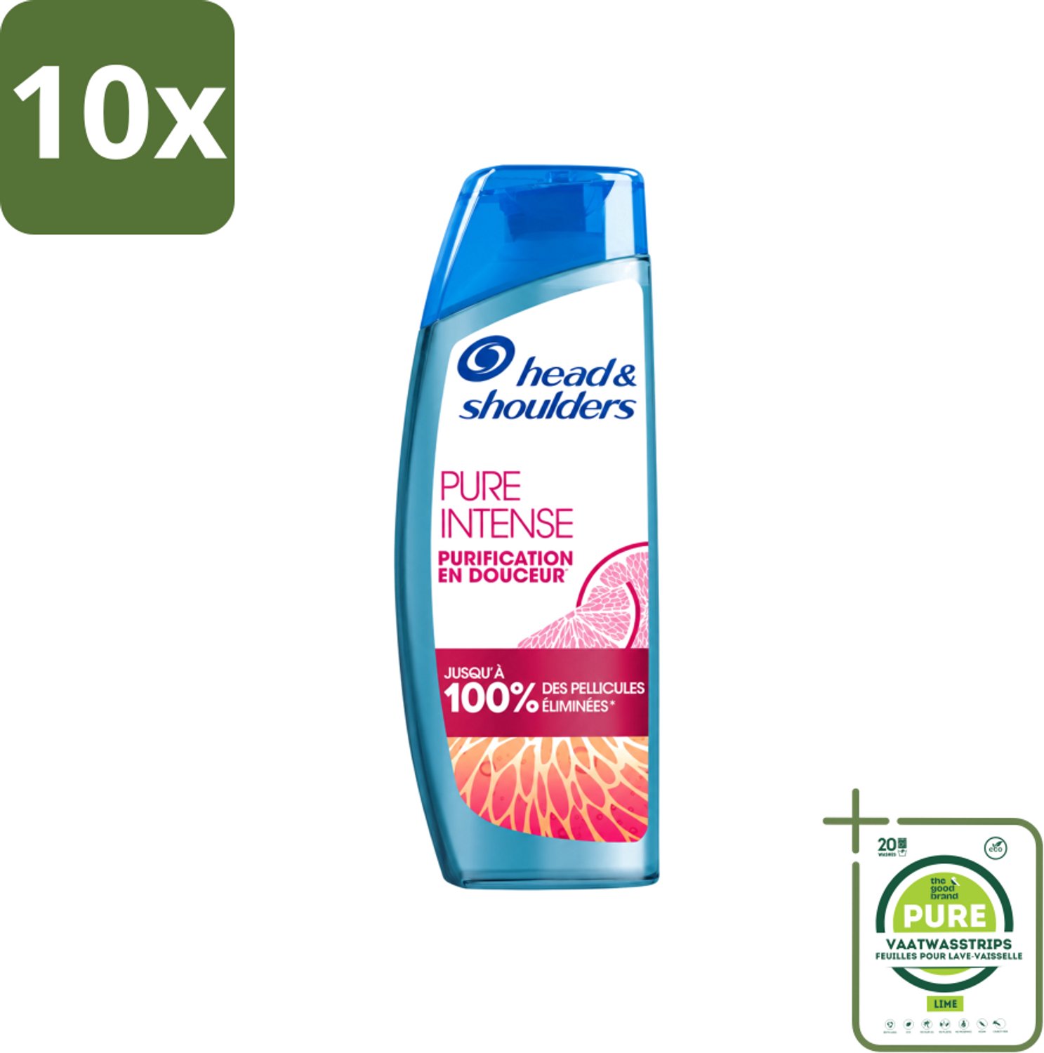 10 x Head & Shoulders - Anti-Roos Shampoo - Pure Intense - Grapefruit - 250 ml - Grootverpakking - Vaatwasstrips - Anti-roos Shampoo - Vet Hoofd - Schone Hoofdhuid - Roosvrij Haar - Grapefruit Geur