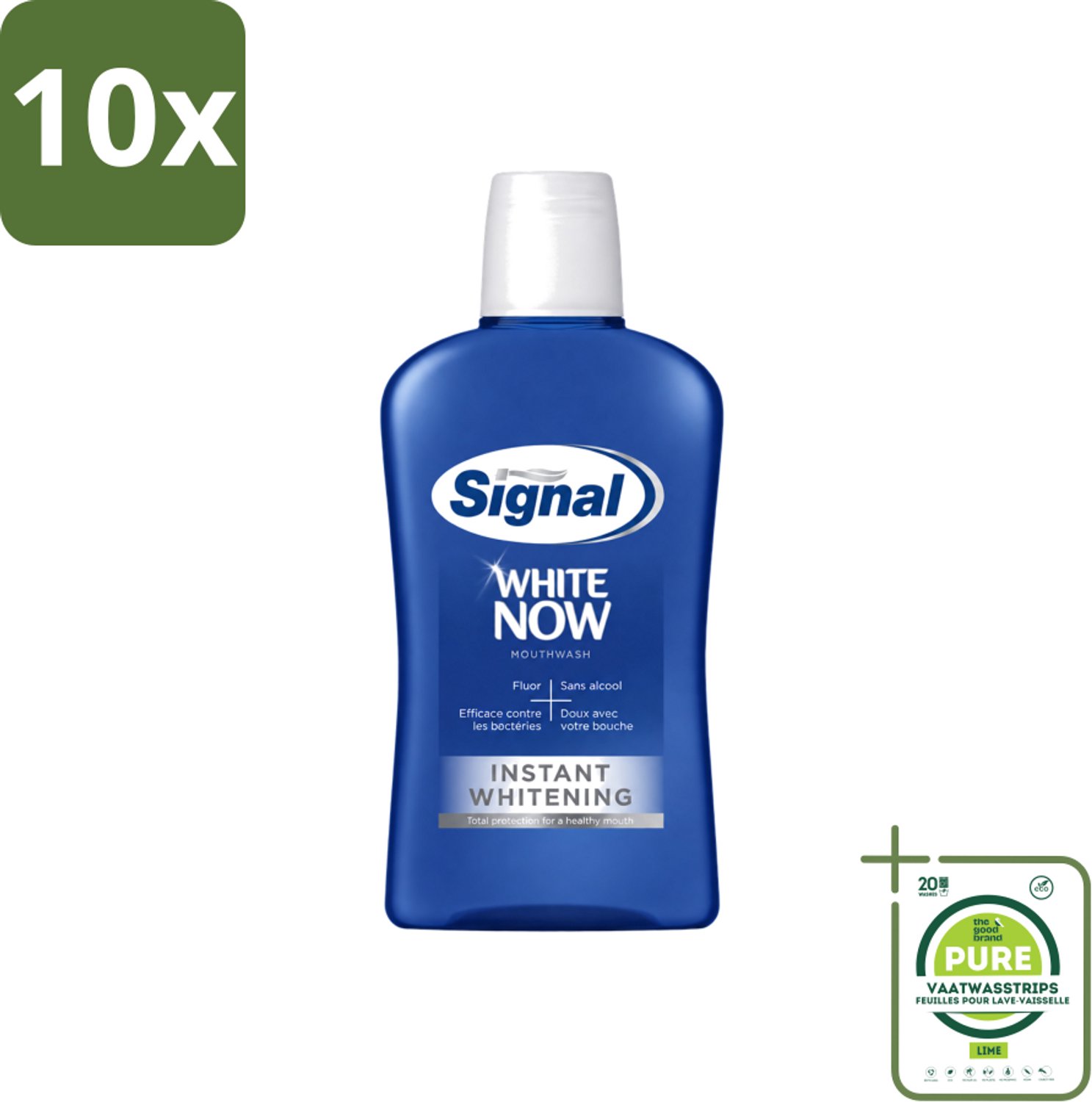 10 x Signal - White Now - Mondwater - 0 % Alcohol - 500 ml - Grootverpakking - Vaatwasstrips - Mondwater - Mondverzorging - Fluoride - Tandplak - Bacteriën