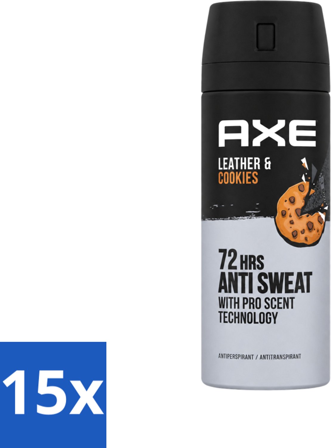 15 x Axe - Deodorant Spray - 72hrs Anti Sweat - Leather & Cookies - 150 ml - Voordeelverpakking - 15 stuks