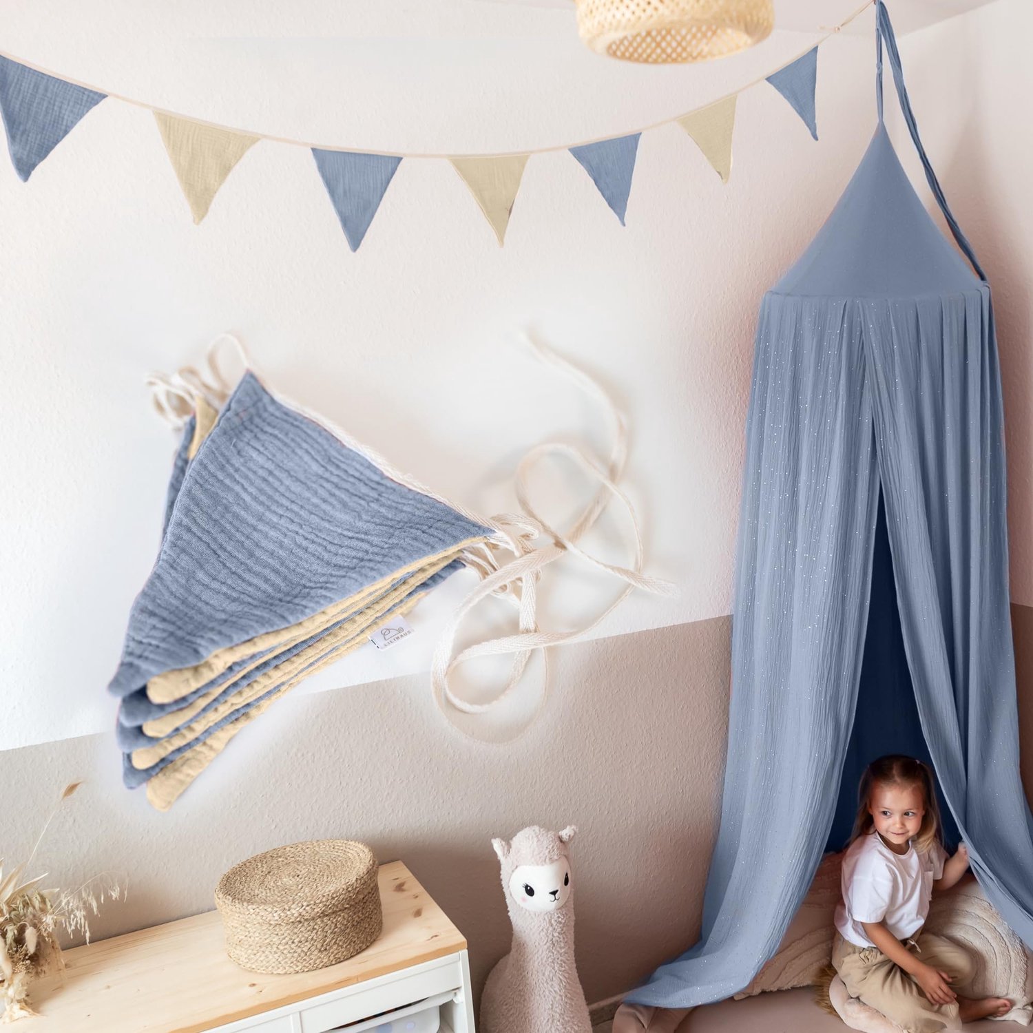 LILIMAUS Vlaggenlijn stof kinderkamer - stoffen slinger van mousseline katoen - 300 cm - blauw en crème