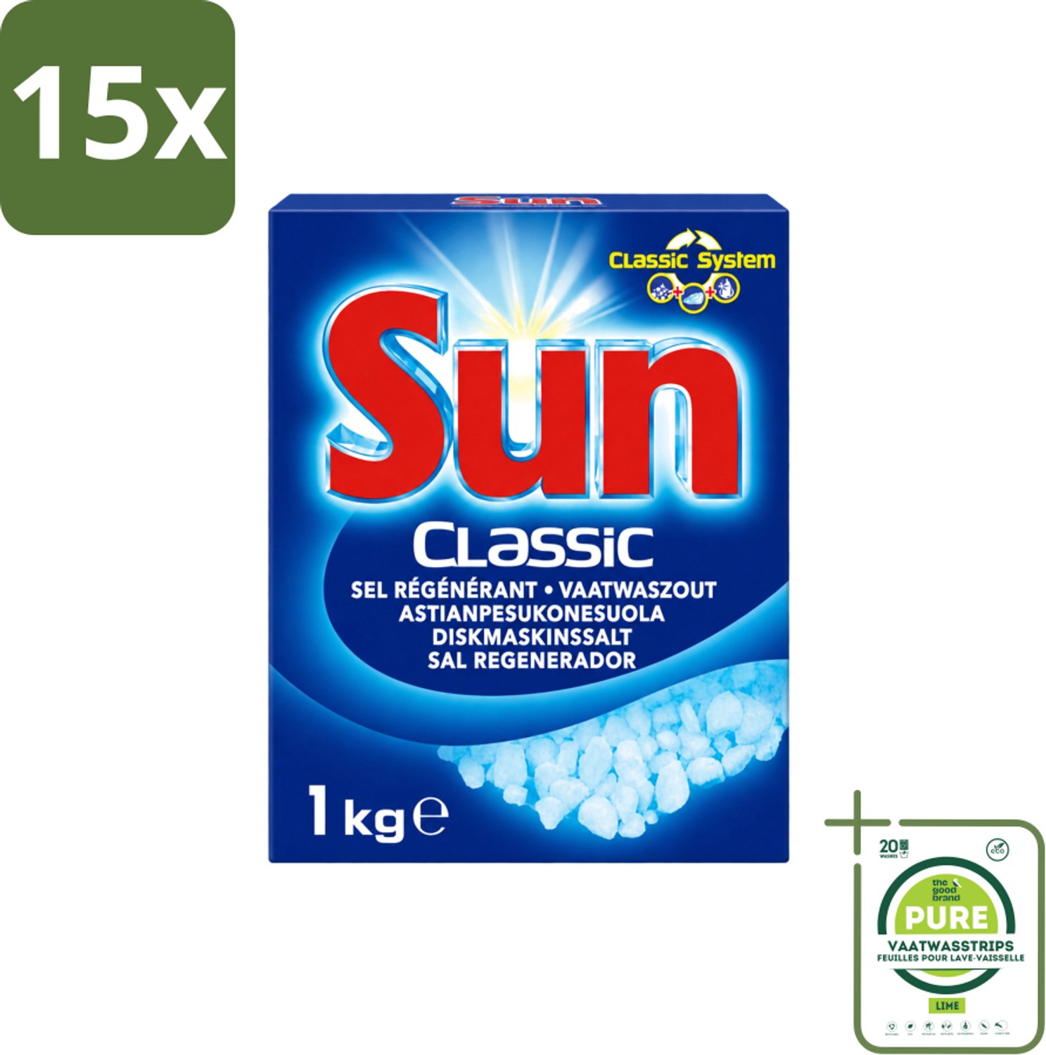 15 x Sun Classic - Vaatwaszout - Klassiek Systeem - 1 kg - Grootverpakking - Vaatwasstrips - Vaatwaszout - Kalkaanslag Voorkomen - Vaatwasser Onderhoud - Waterhardheid - Klassiek Systeem