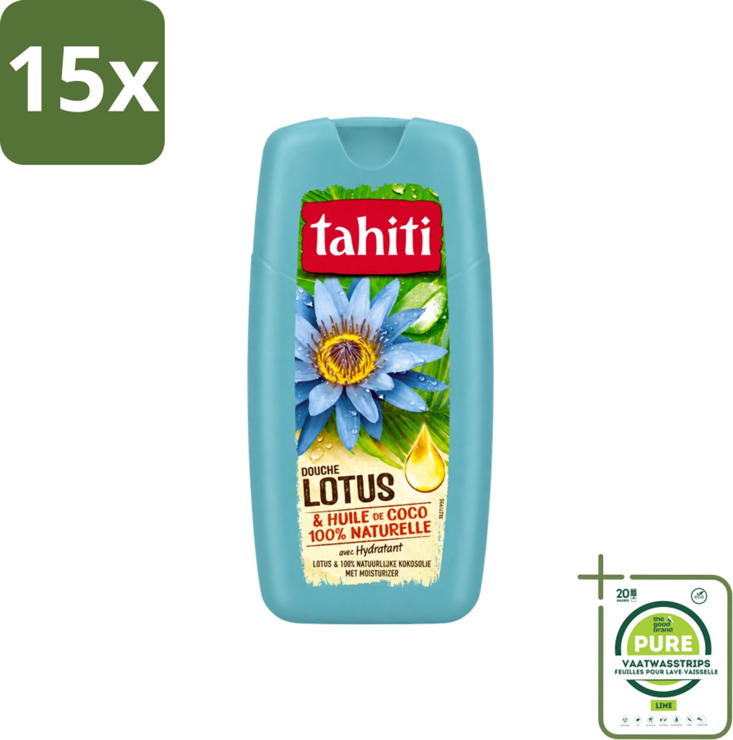 15 x Tahiti - Douchegel - Lotus & Kokosolie - Hydraterend - 250 ml - Grootverpakking - Vaatwasstrips - Douchegel - Kokosolie - Lotus - Hydraterende Douchegel - Huid Verzorging