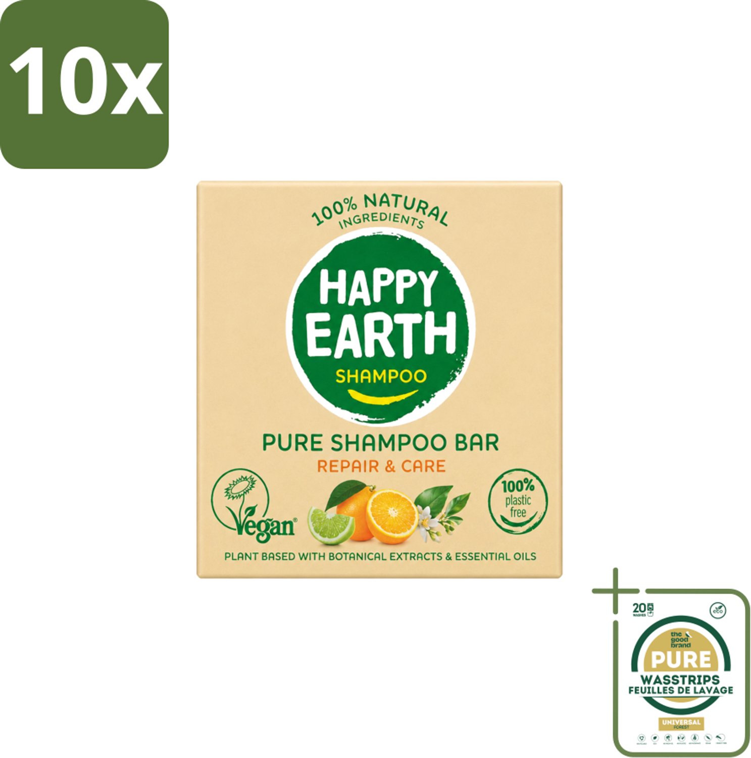10 x Happy Earth – Shampoo Bar – 100% Natuurlijk Repair & Care – 70 g - Wasstrips - Shampoo Bar - Natuurlijke Shampoo - Vegan Shampoo - Droog Haar - Beschadigd Haar