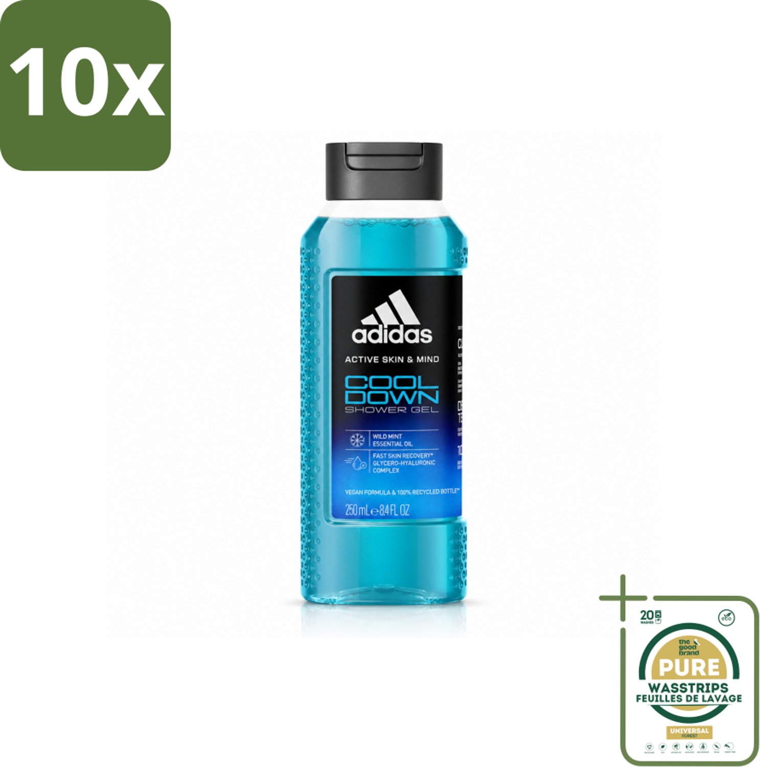 10 x Adidas – Douchegel – Active Skin & Mind Cool Down – 250 ml - Wasstrips - Douchegel - Activiteit Na Training - Verkoeling - Menthol - Wilde Munt