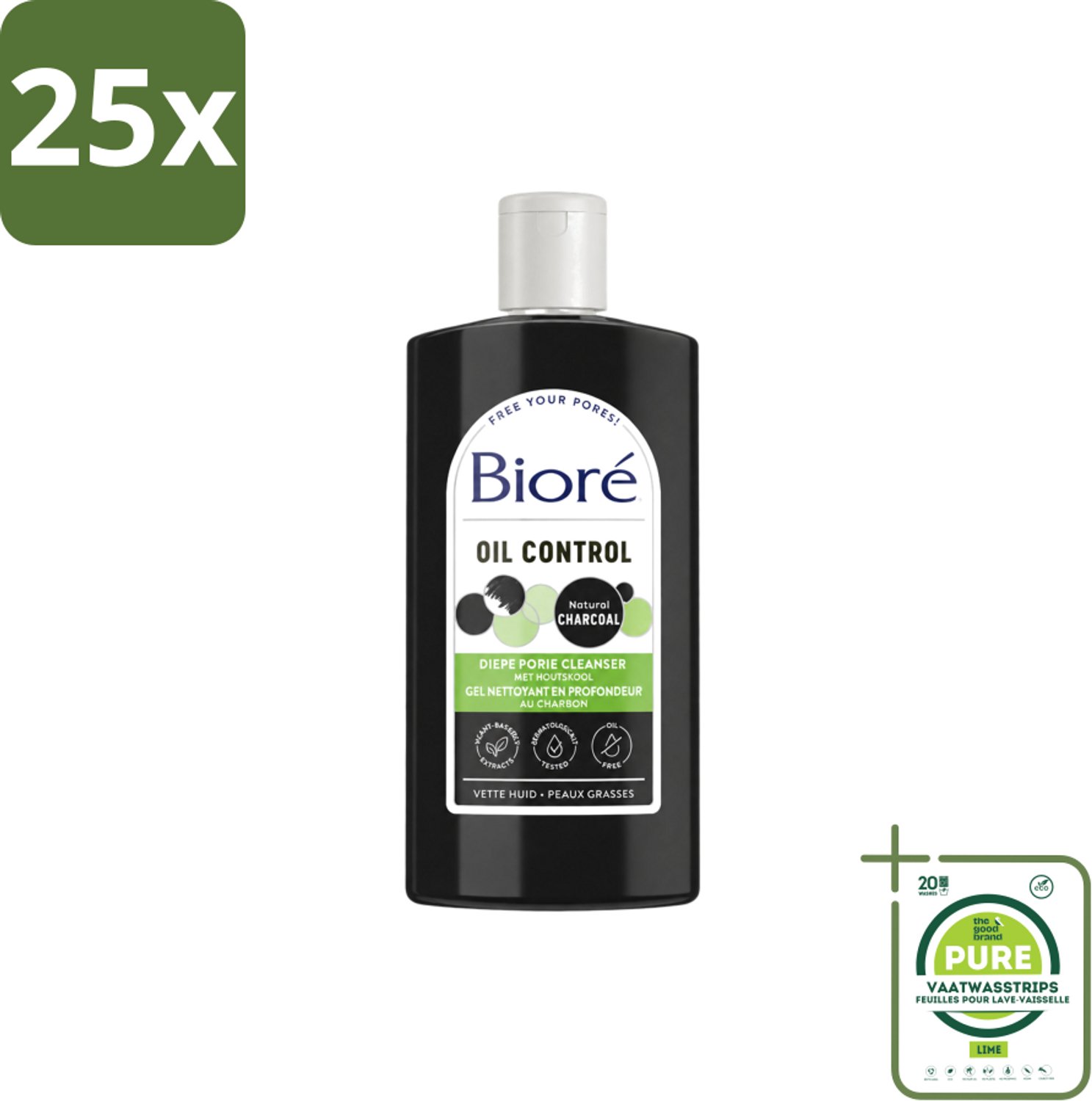 25 x Bioré – Houtskool Reinigingsgel – Gezichtsreiniger – 200 ml - Grootverpakking - Vaatwasstrips - Gezichtsreiniger - Houtskool - Diepe Reiniging - Vet Huid - Gecombineerde Huid