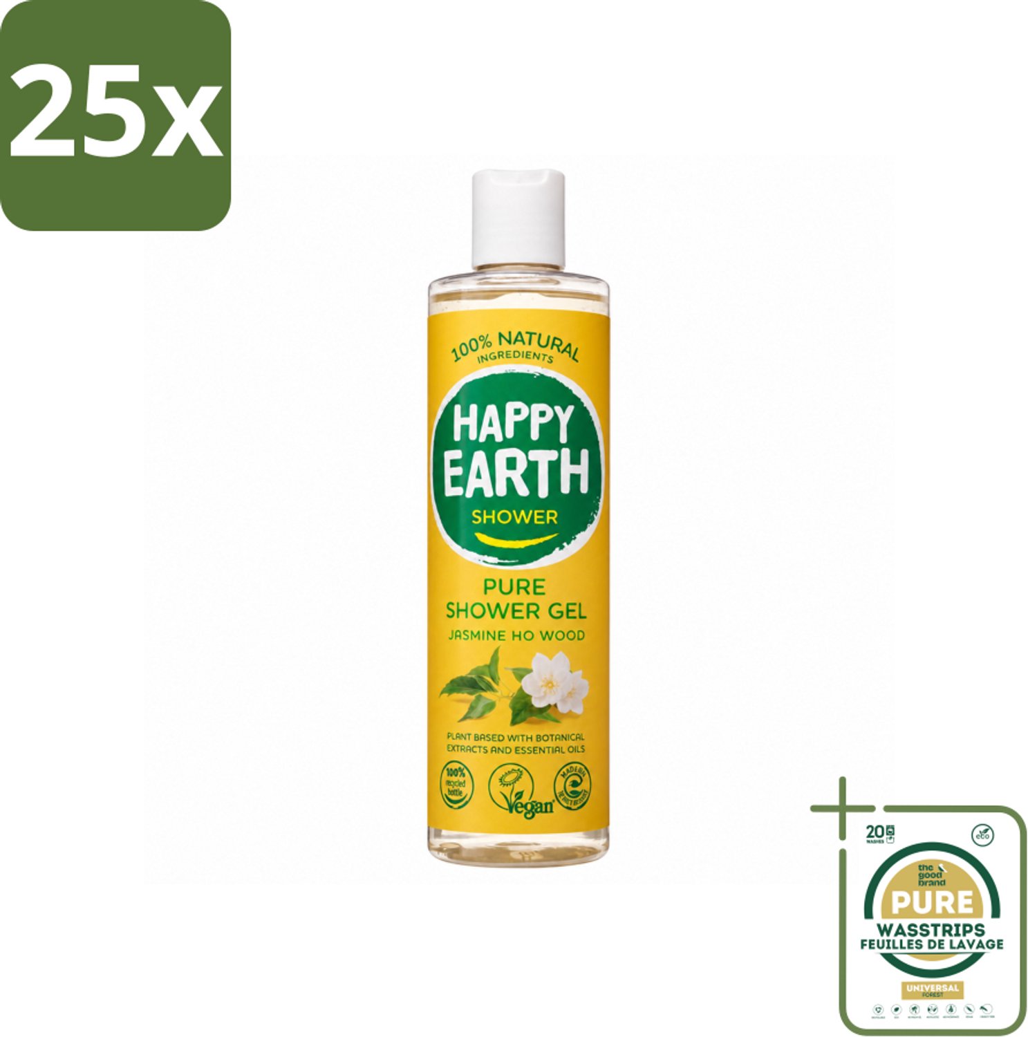 25 x Happy Earth – Douchegel – 100% Natuurlijk Jasmine Ho Wood – 300 ml - Wasstrips - Douchegel - Natuurlijke Douchegel - Vegan Douchegel - Jasmijn Douchegel - Ho Wood Douchegel