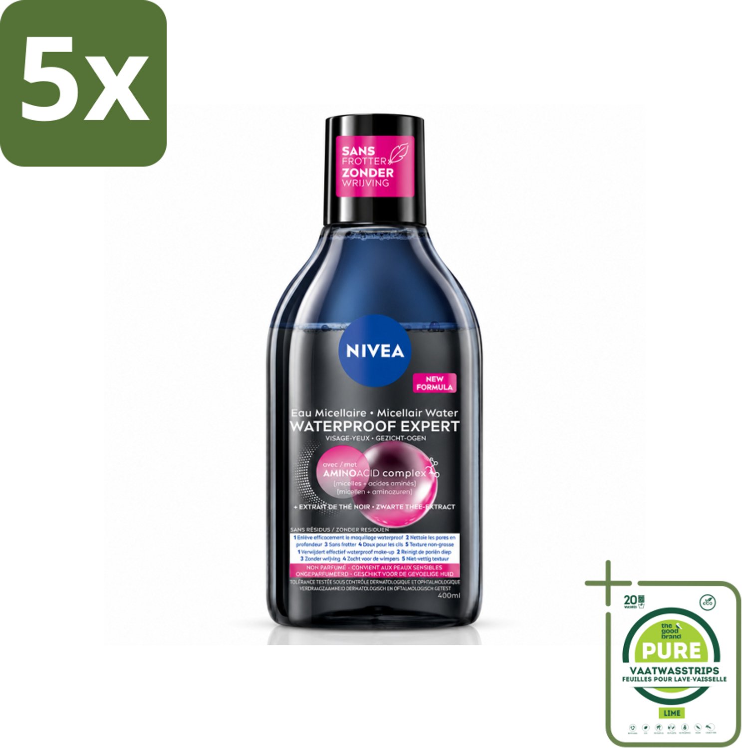5 x NIVEA – Micellair Reinigingswater – Waterproof Expert – 400 ml - Grootverpakking - Vaatwasstrips - Reiniging Make-up - Make-up Verwijderen - Micellair Water - Huid Reinigen - Waterproof Make-up Verwijderen