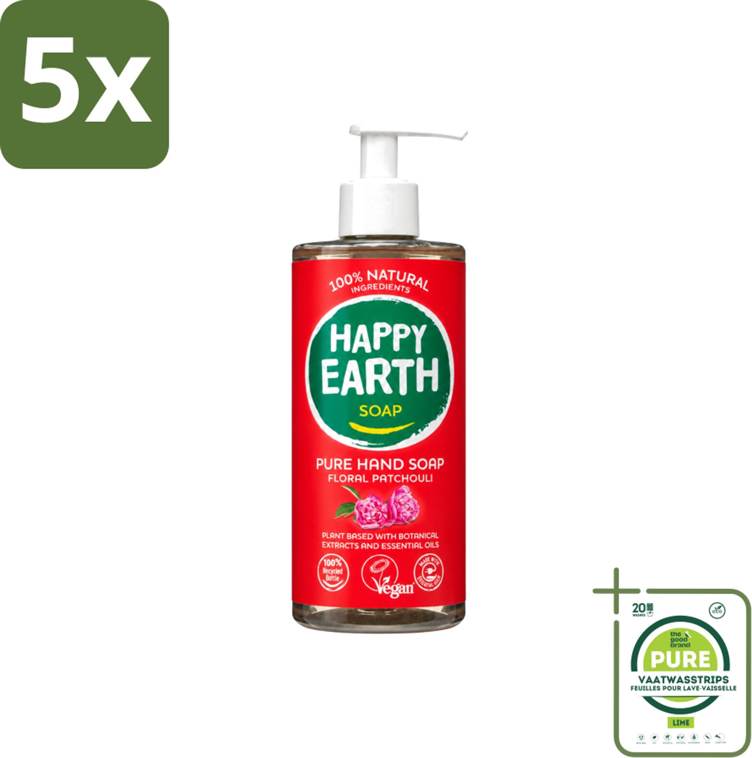 5 x Happy Earth – Handzeep – 100% Natuurlijk Floral Patchouli – 300 ml - Grootverpakking - Vaatwasstrips - Natuurlijke Handzeep - Vegan Handzeep - Handzeep Met Patchouli - Bloemige Handzeep - Huidvriendelijke Handzeep