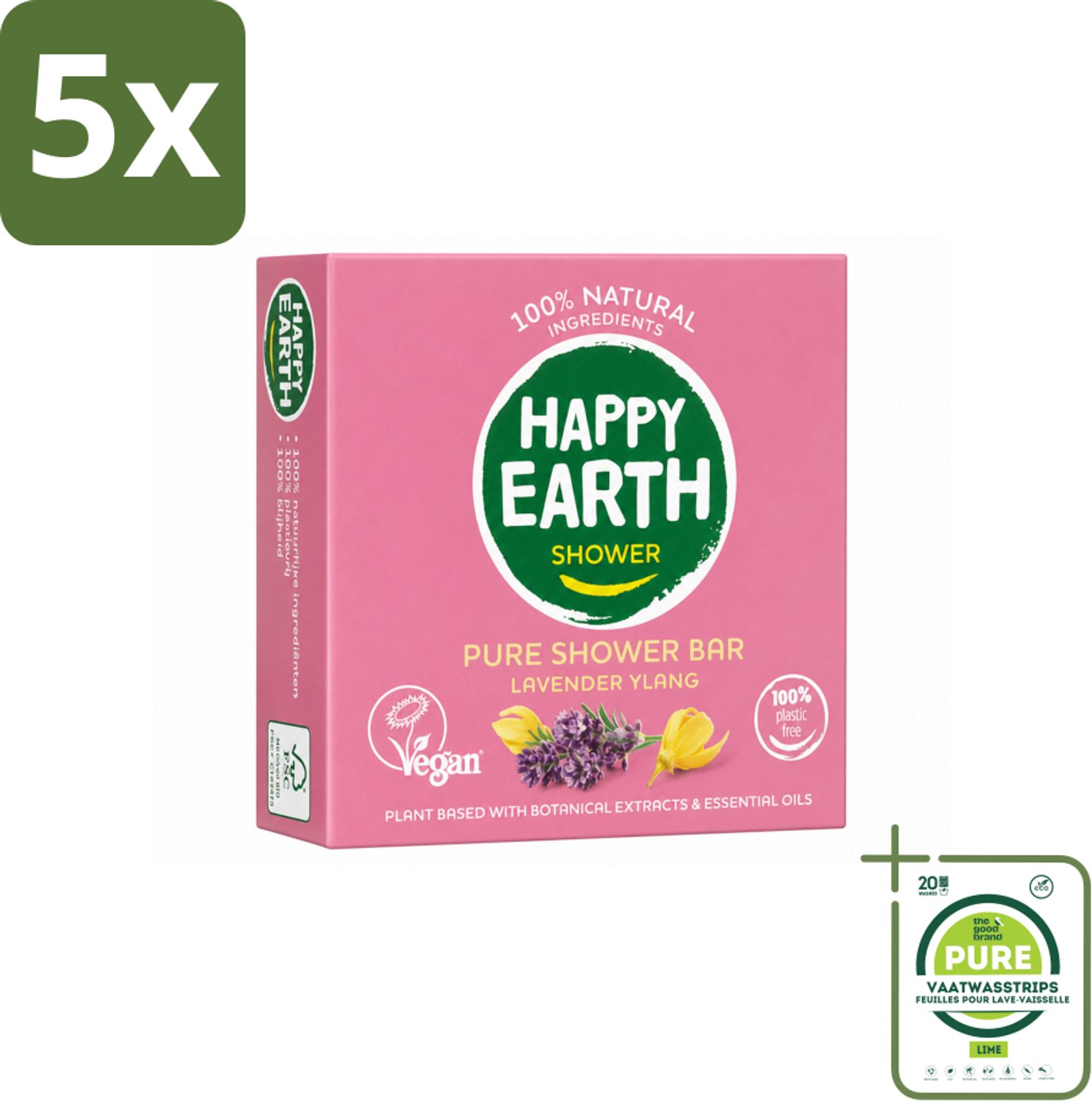 5 x Happy Earth – Shower Bar – 100% Natuurlijk Lavender Ylang – 90 g - Grootverpakking - Vaatwasstrips - Douchegel - Natuurlijke Douchegel - Lavendel - Ylang-ylang - Sheaboter