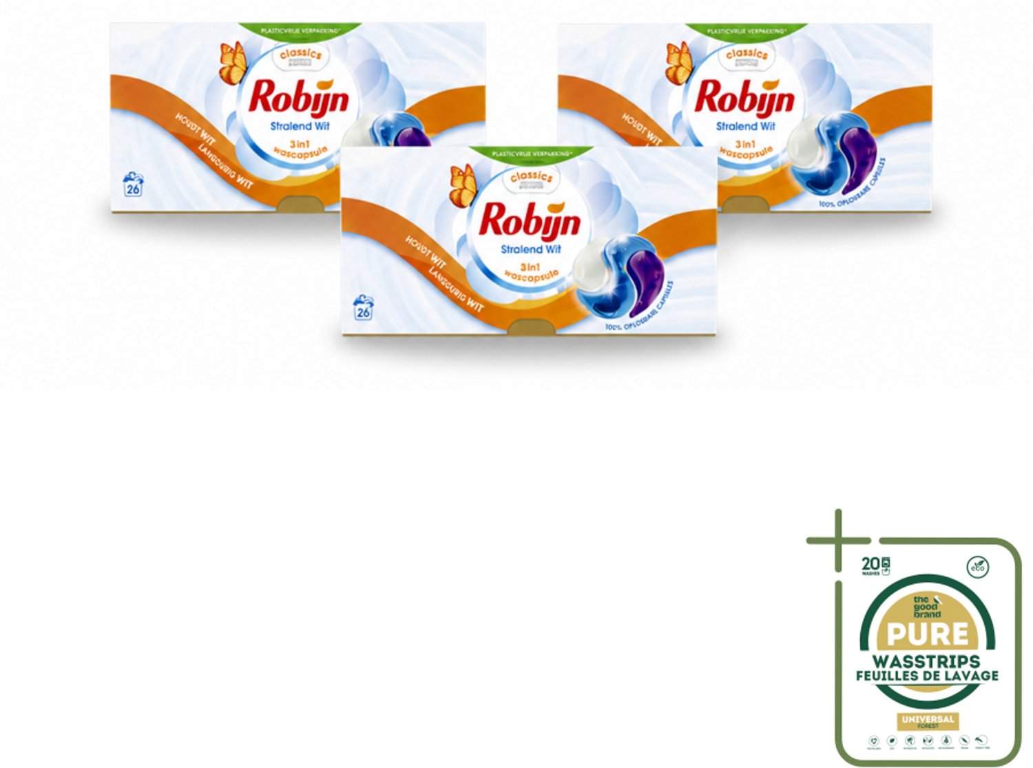 3 x Robijn – 3-in-1 Wascapsules – Stralend Wit - 26 Capsules - Wasstrips - Witwas - Wascapsules - Witmakers - Wasverzachter - Wasgeur