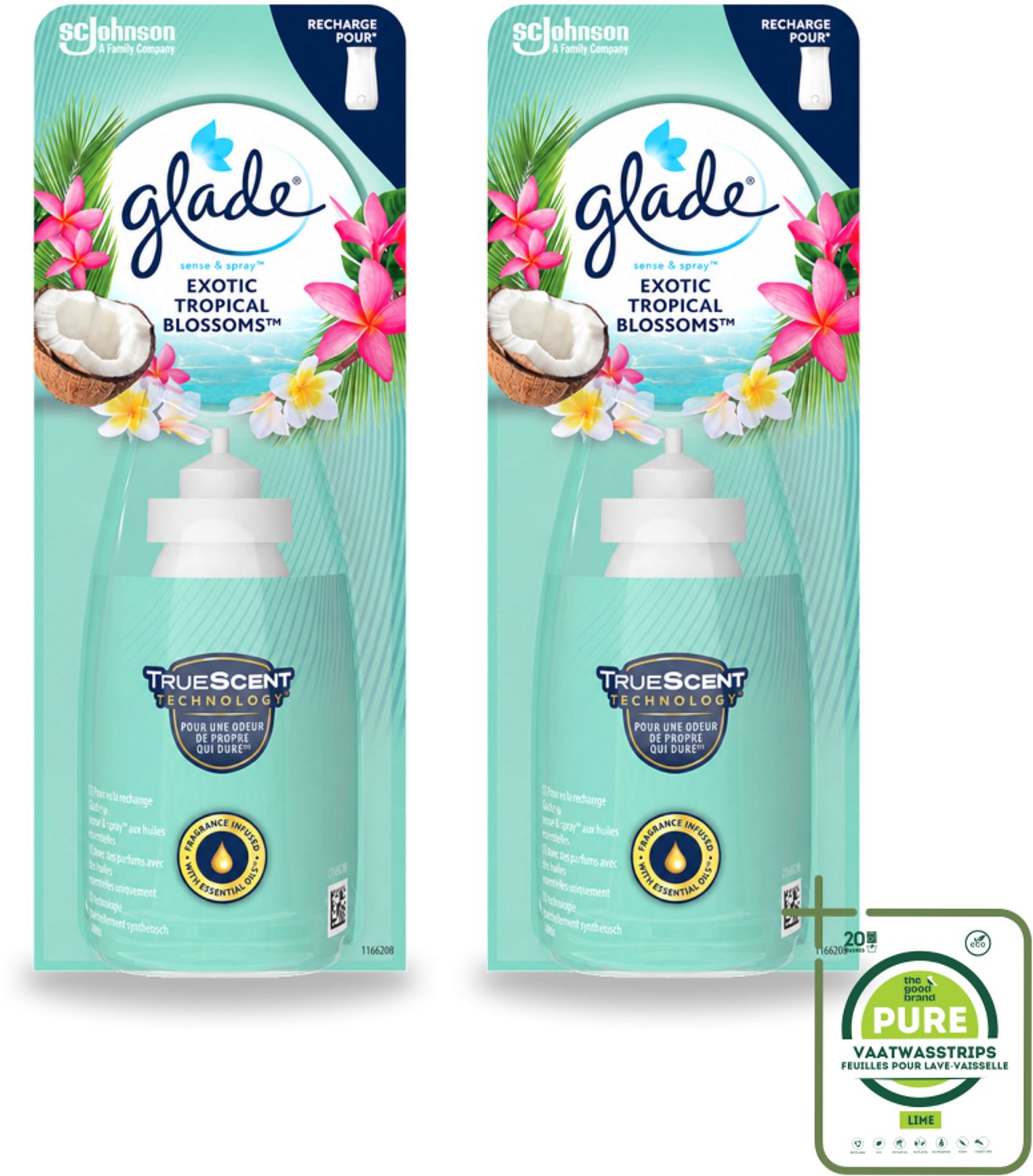 2 x Glade – Sense & Spray Navulling – Exotic Tropical Blossoms – 18 ml - Grootverpakking - Vaatwasstrips - Tropische Geur - Bewegingssensor - Kokos En Bloemen - Luchtverfrisser - Exotische Geur