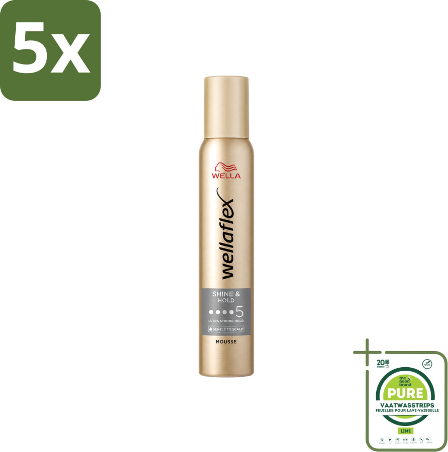 5 x Wella – Flex Shine & Hold – Haarmousse – 200 ml - Grootverpakking - Vaatwasstrips - Glans - Houdbaarheid - Haarverzorging - UV Bescherming - Vegan Haarproduct