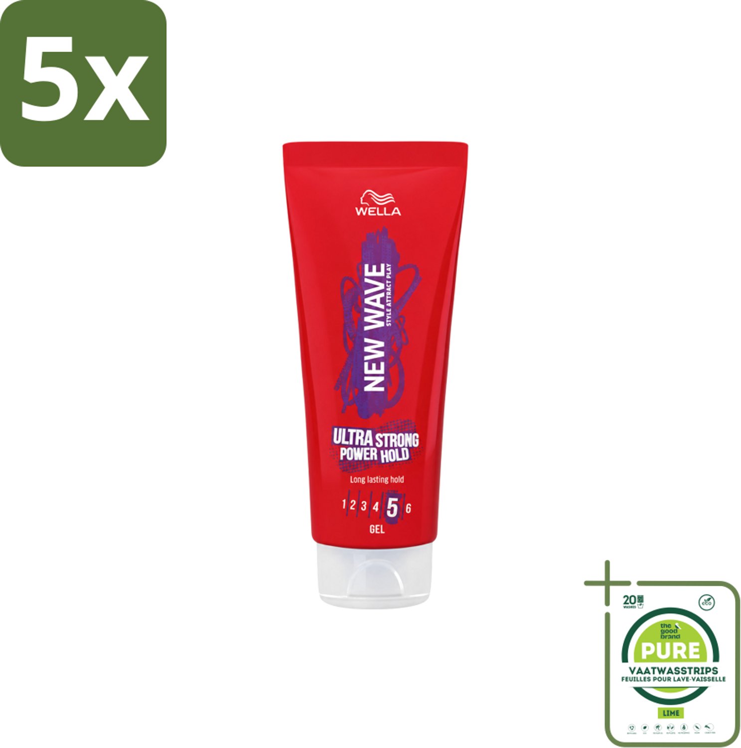 5 x Wella – New Wave Ultra Strong Power Hold – Haargel – 200 ml - Grootverpakking - Vaatwasstrips - Haarkleur - Haartypen - Haartypen - Haartypen - Haartypen