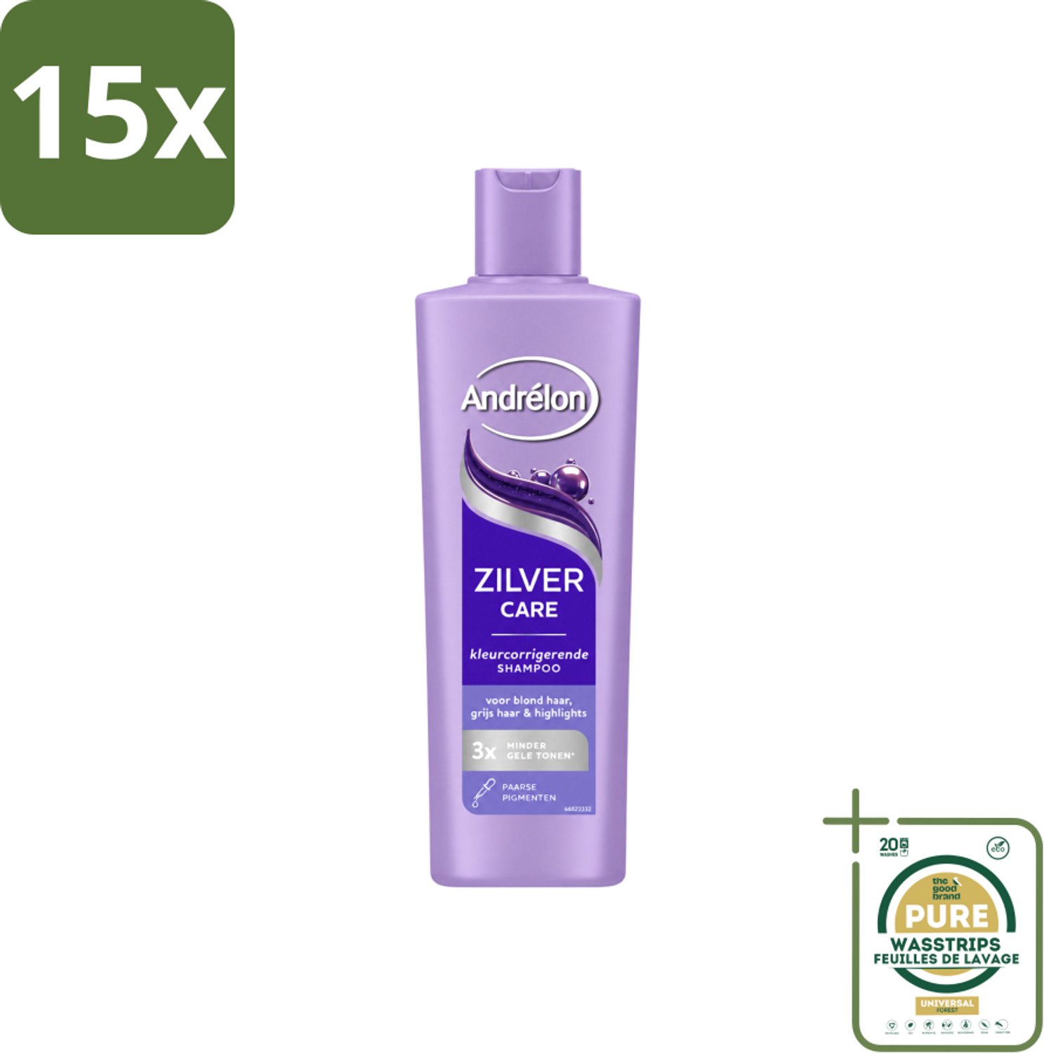 15 x Andrélon – Shampoo – Zilver Care – 250 ml - Wasstrips - Zilver Care Shampoo - Haarkleur Corrigeren - Gele Tonen Verminderen - Paarse Pigmenten - Blond Haar