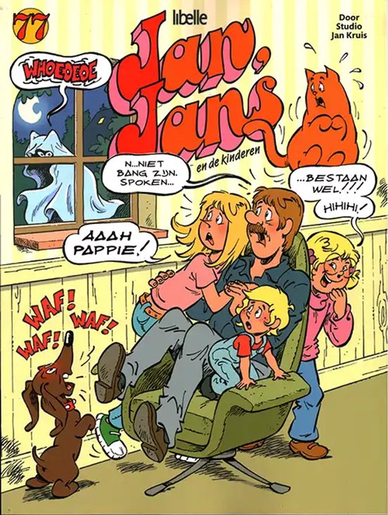 Stripblad cover van Jan, Jans en de kinderen met familie op een stoel, een spook bij het raam en een blaffende hond.