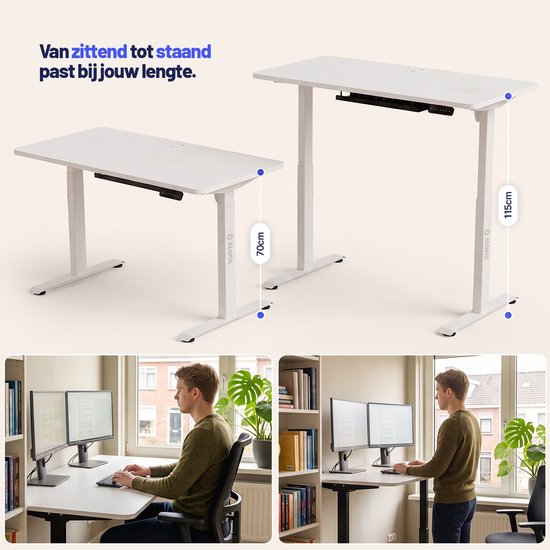 Wit Stane bureau verstelbaar van 70cm tot 115cm hoogte, getoond in zittende en staande werkpositie.