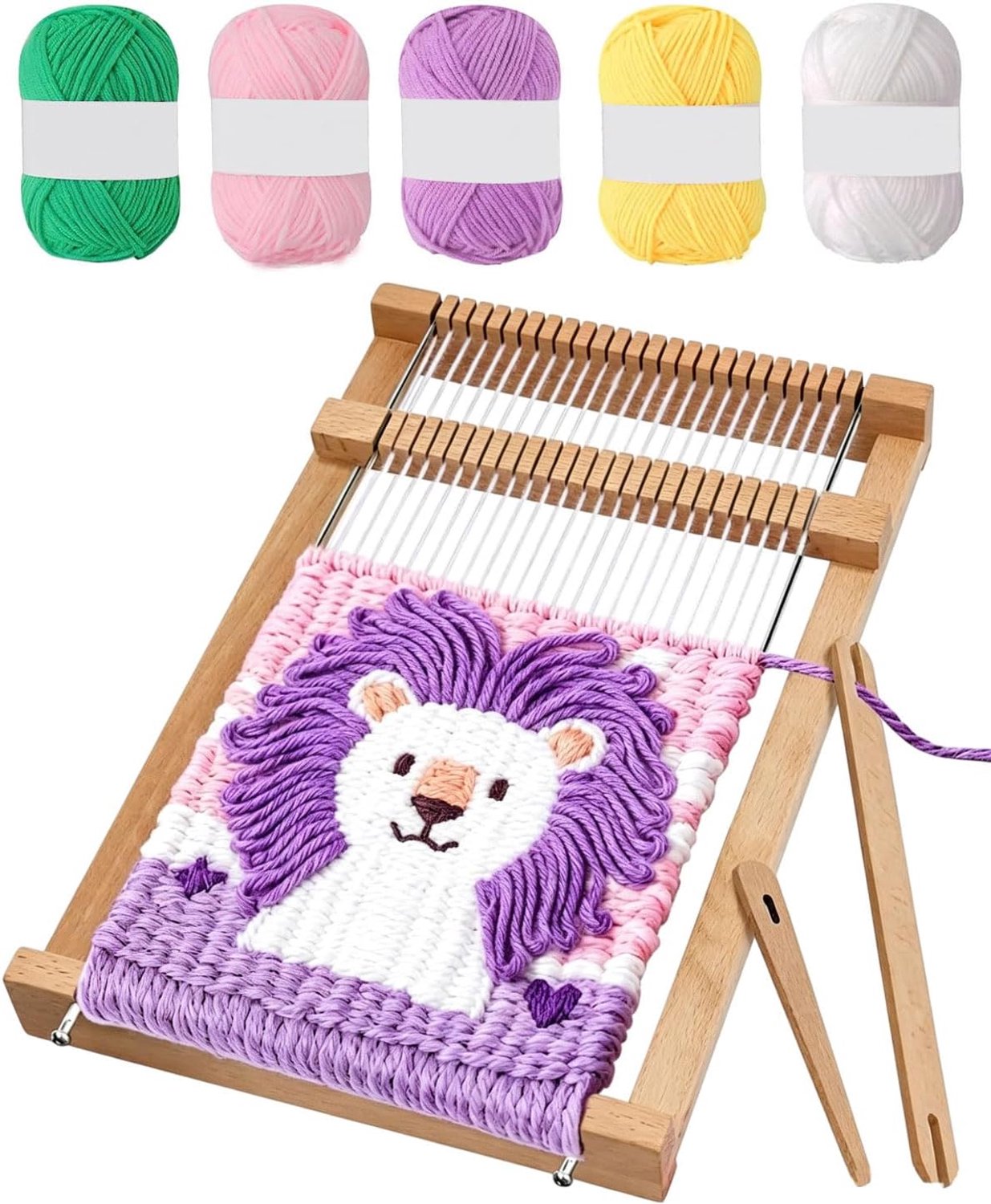 Weeflijst 20,5 x 16 cm, weefgetouw voor beginners, set met 5 kleuren wol, naald en handleiding (mogelijk niet beschikbaar in het Nederlands), knutselset als cadeau-idee