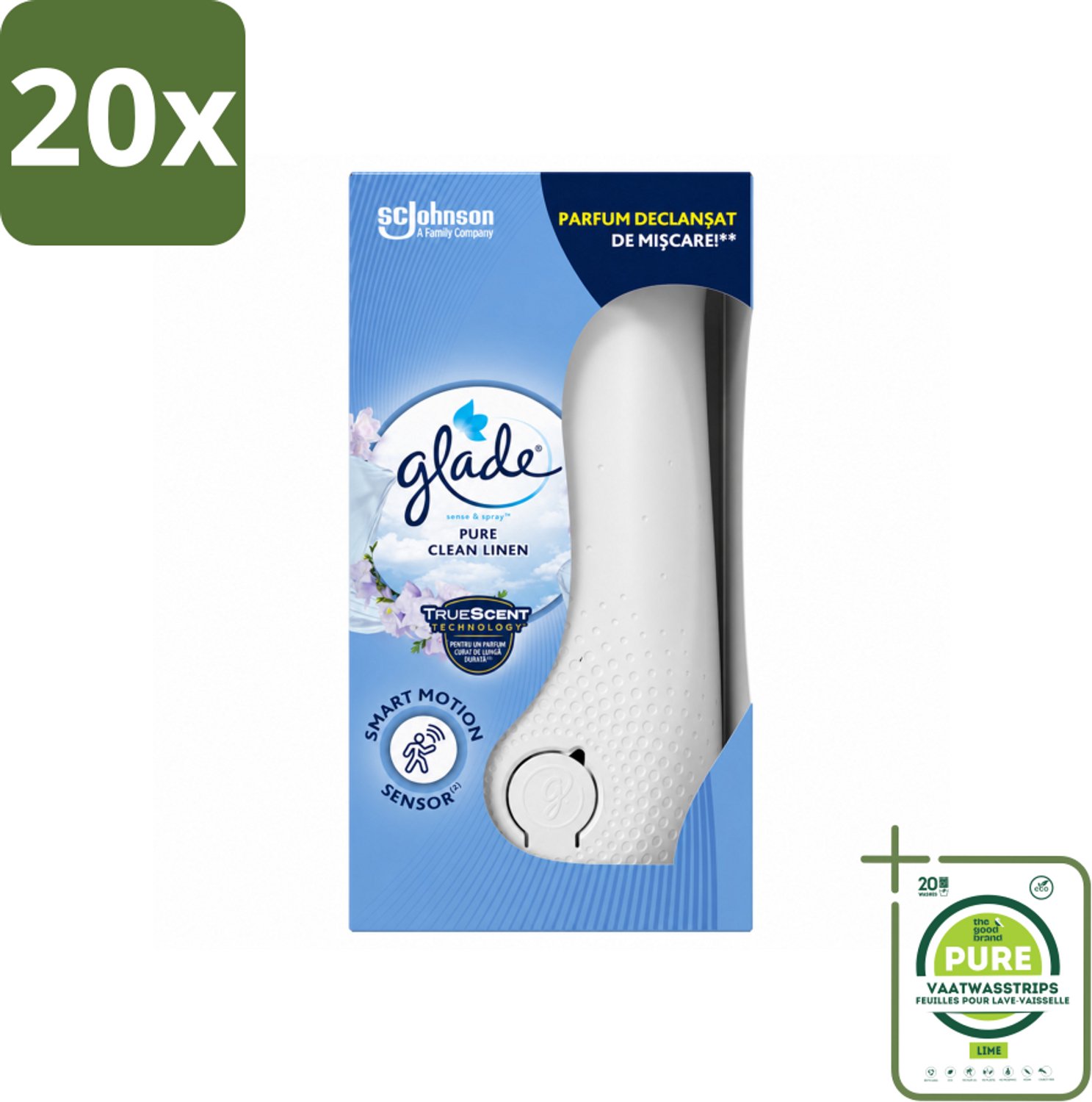 20 x Glade - Houder Sense & Spray - Pure Clean Linen - 18 ml - Grootverpakking - Vaatwasstrips - Geurverspreiding - Luchtverfrisser - Bewegingssensor - Frisse Geur - Linnengoed Geur