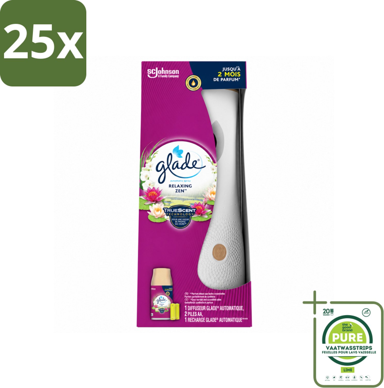 25 x Glade - Automatische Spray - Relaxing Zen - 269 ml - Grootverpakking - Vaatwasstrips - Automatische Geurverfrisser - Rustgevende Geur - Frisse Geur - Ontspannen Sfeer - Huisverfrissend