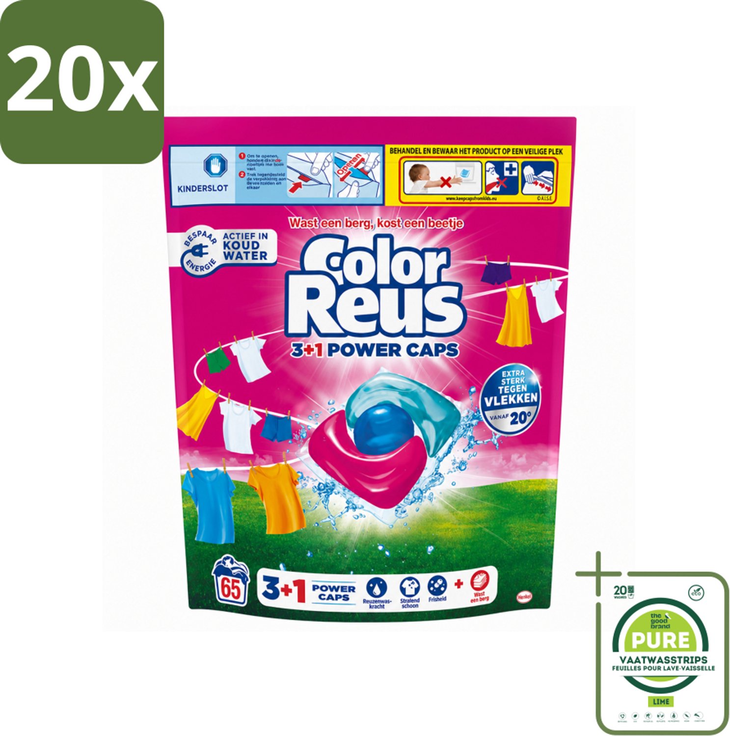 20 x Color Reus - 3+1 Power Caps - Gekleurde Was - 65 Wasbeurten - Grootverpakking - Vaatwasstrips - Kleurbehoud - Wasresultaten - Vlekverwijdering - Krachtige Was - Frisse Was