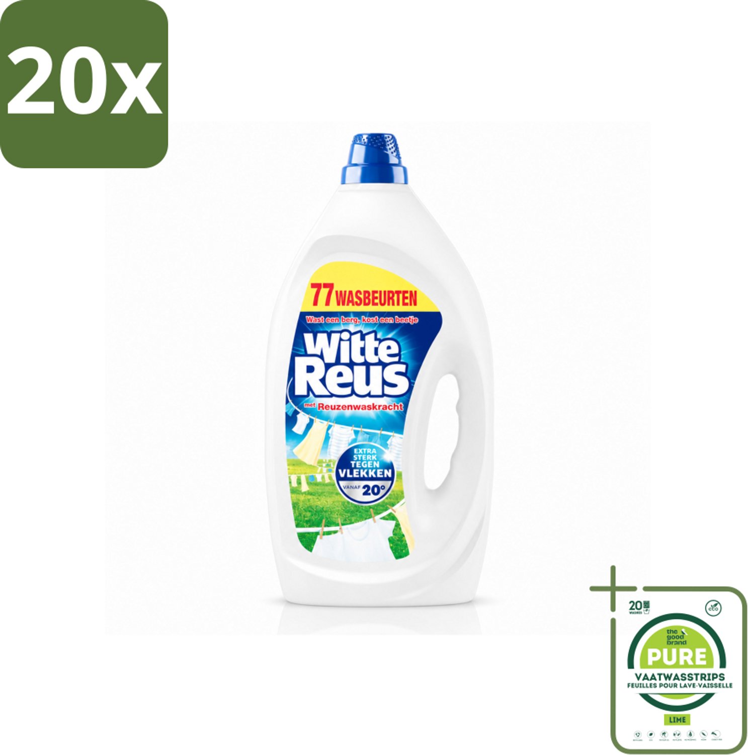 20 x Witte Reus - Vloeibaar Wasmiddel - Witte Was - 77 Wasbeurten - Grootverpakking - Vaatwasstrips - Witte Was - Wasmiddel - Vlekken Verwijderen - Waskracht - Was Vanaf 20°C