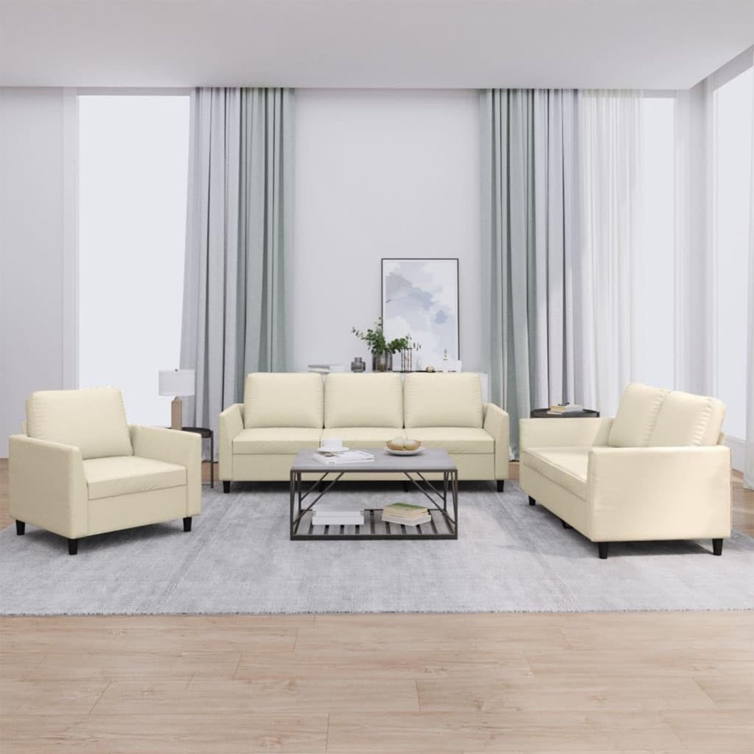 3-delig bankstel set hoekbank met kussen in crème kunstleer voor woonkamer en lounge