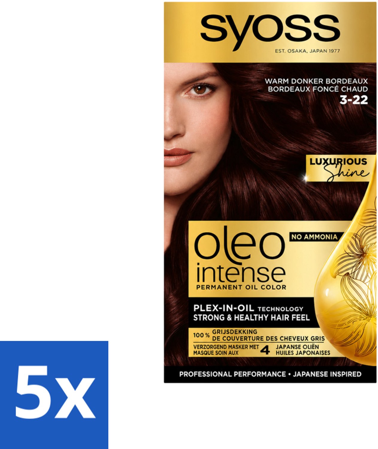 5 x SYOSS - Oleo Intense 3-22 - Haarverf - Permanente Haarkleuring - Warm Donker Bordeaux - Langdurige Kleur - Voordeelverpakking - 5 stuks