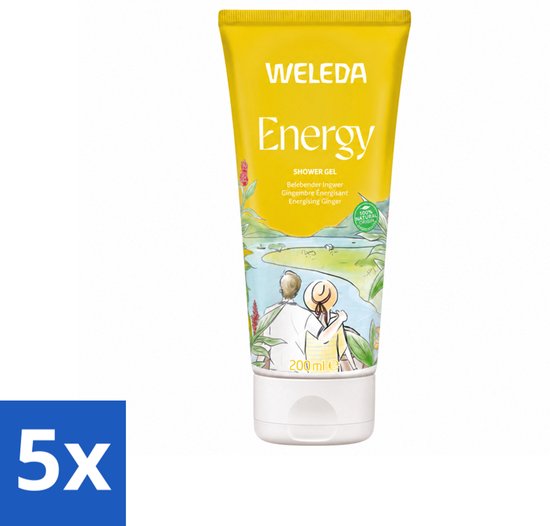 Vijf tubes Weleda Energy douchegel met gember, afgebeeld met een illustratie van een koppel bij een meer.