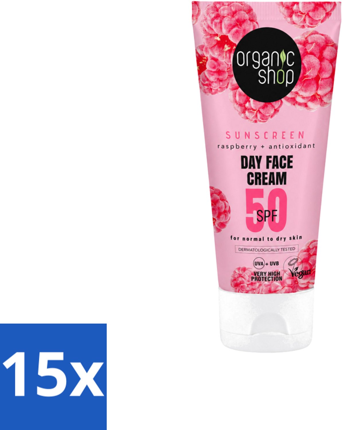 15 x Organic Shop - Zonnebrandcrème Gezicht SPF 50 - Normale Huid - 50 ml - Voordeelverpakking - 15 stuks
