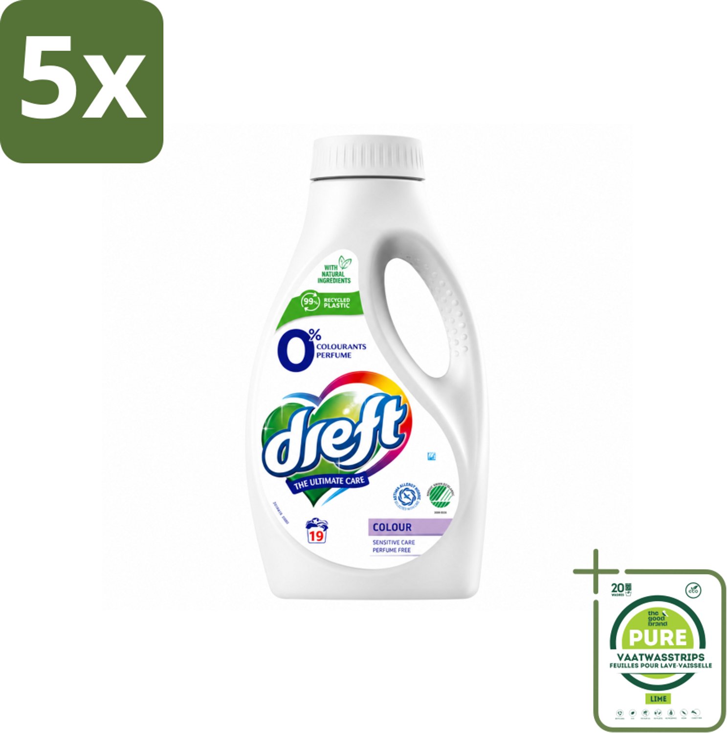 5 x Dreft - Vloeibaar Wasmiddel - 0% Gekleurde Was - Hypoallergeen - 19 Wasbeurten - Grootverpakking - Vaatwasstrips - 0% Parfum - Gevoelige Huid - Gekleurde Was - Natuurlijke Wasmiddel - Zachte Was