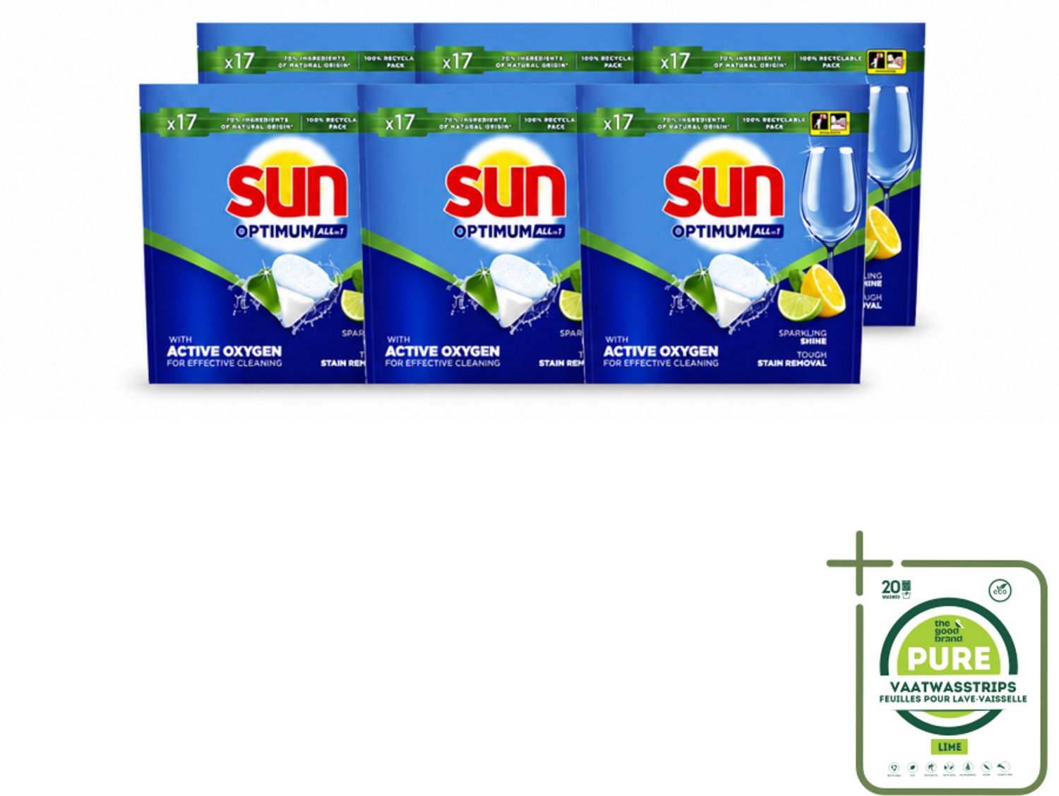 6 x Sun - Vaatwascapsules - Citroen - 17 capsules - Grootverpakking - Vaatwasstrips - Vaatwasmiddel - Vaatwasser - Citroengeur - Reinigingscapsule - Glans