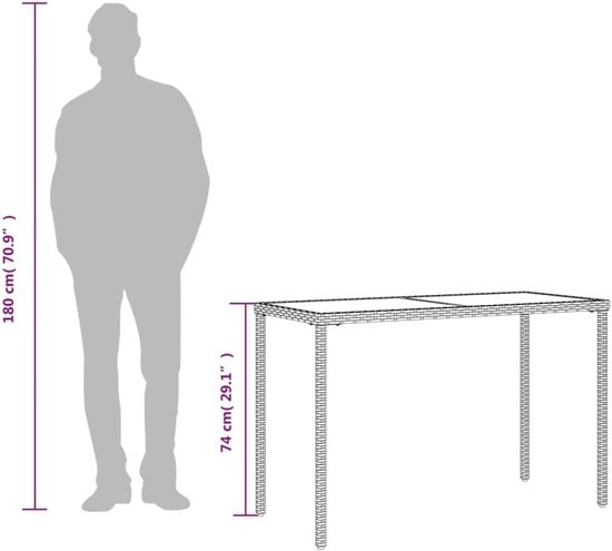 Tuintafel met glasplaat, zwart, 115 x 54 x 74 cm, polyrotan PE-vlechtwerk, stalen frame voor terras, tuin, buiten — afbeelding 2