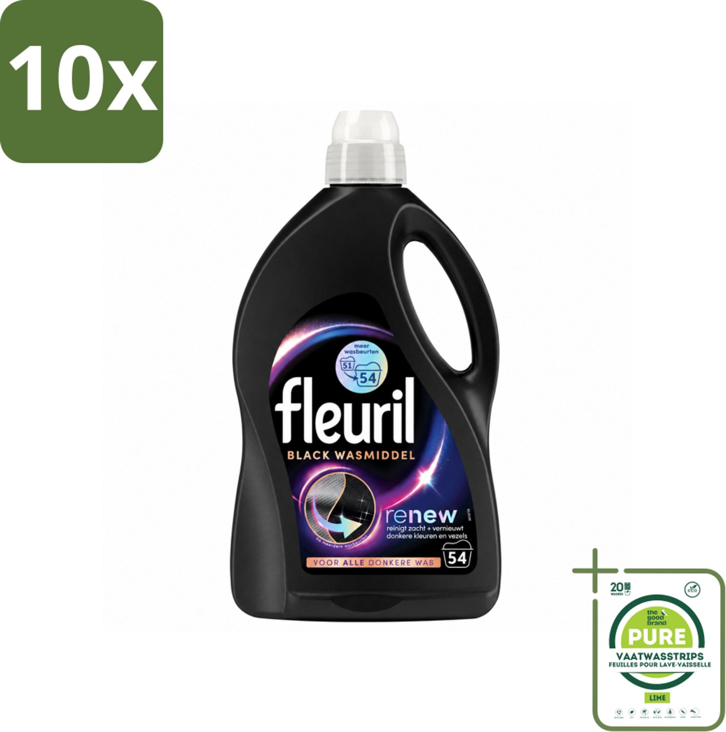 10 x Fleuril - Wasmiddel - Renew Zwart Vloeibaar Wasmiddel - Zwarte Was - 54 wasbeurten - Grootverpakking - Vaatwasstrips - Donkere Was - Kleurherstel - Wasmiddel Zwart - Pluisverwijdering - Frisheid Wasmiddel