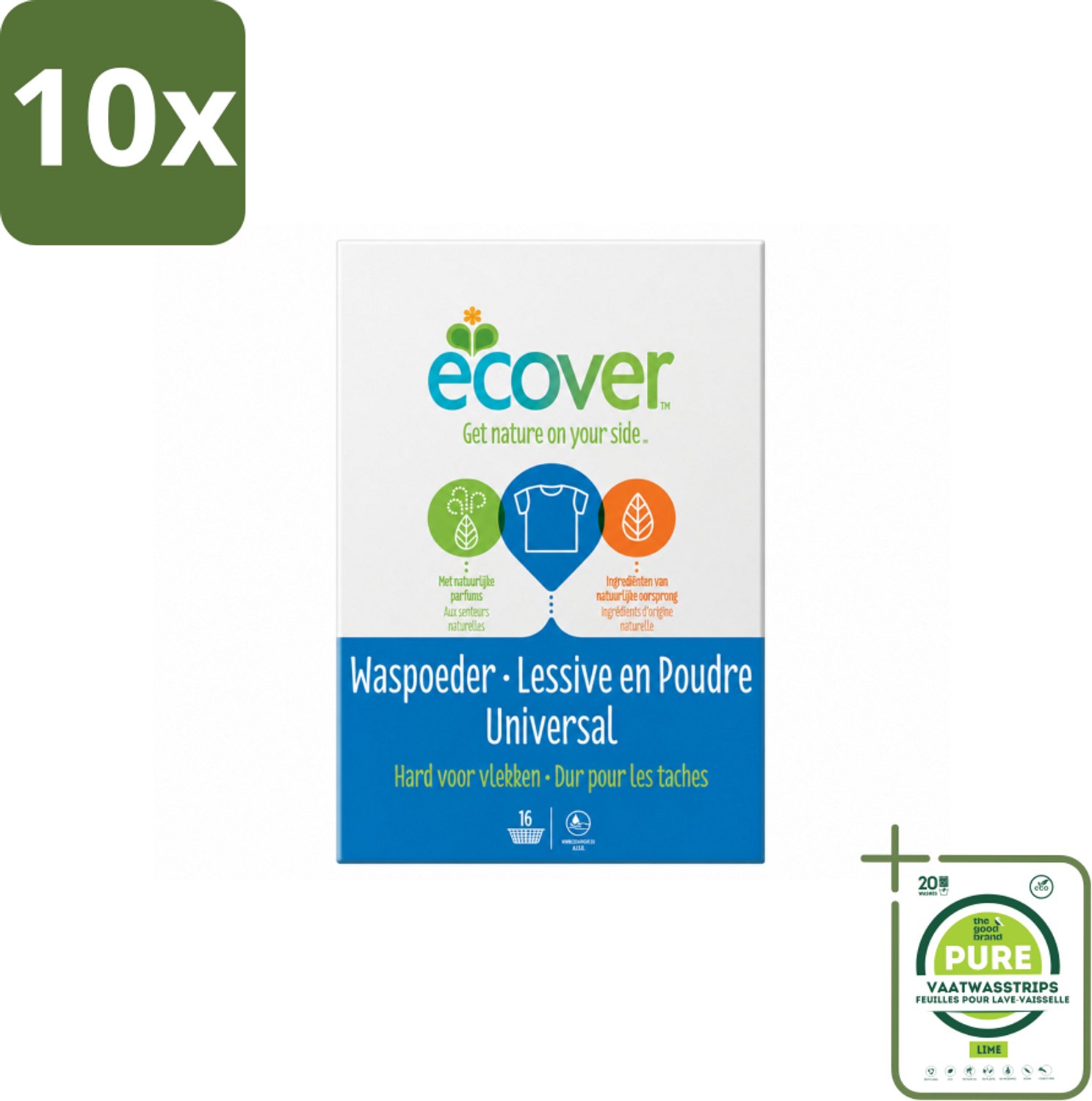 10 x Ecover - Waspoeder Universal - Voor witte & bonte was - 1,2 kg - Grootverpakking - Vaatwasstrips - Waspoeder - Was - Vuil Verwijderen - Vlekken Verwijderen - Milieuvriendelijk