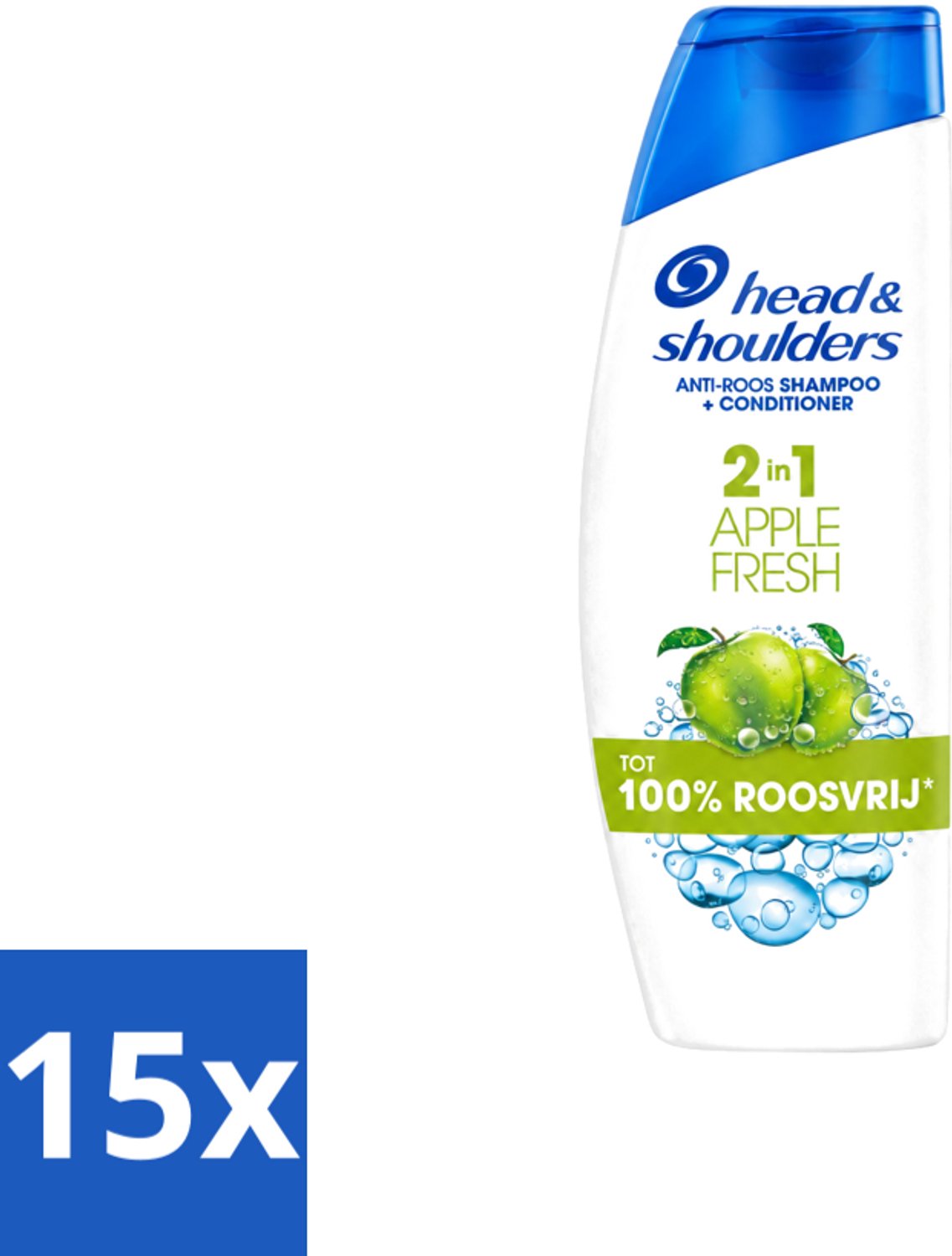 15 x Head & Shoulders - Shampoo - 2-in-1 - Apple Fresh - 100% Roosvrij - 300 ml - Voordeelverpakking - 15 stuks