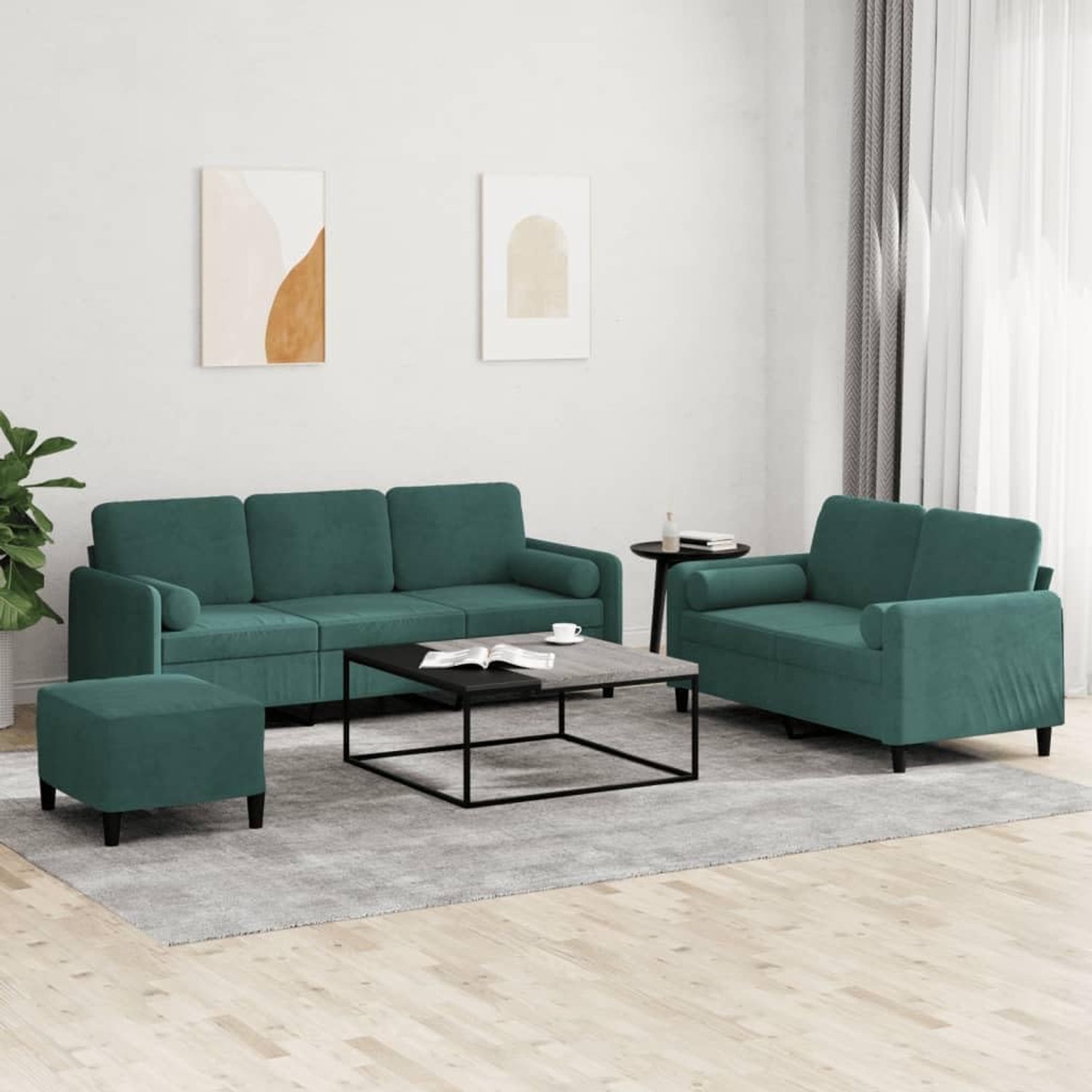 3-delige bankset met kussen, donkergroen, fluweel, zachte velours sofa set met bijzettafel, robuust metalen frame en comfortabele bekleding voor woonkamer