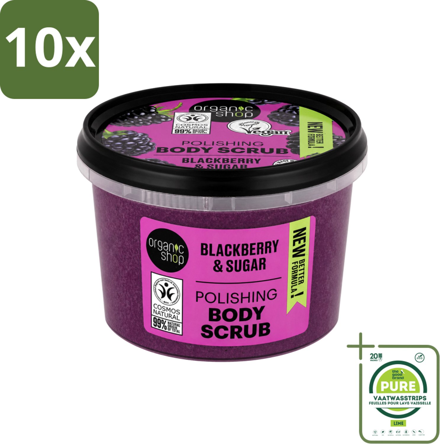 10 x Organic Shop - Body Scrub Blackberry - Verfrissend en Hydraterend - 250 ml - Grootverpakking - Vaatwasstrips - Bodyscrub - Exfoliatie - Huidverzorging - Braamextract - Natuurlijke Suiker