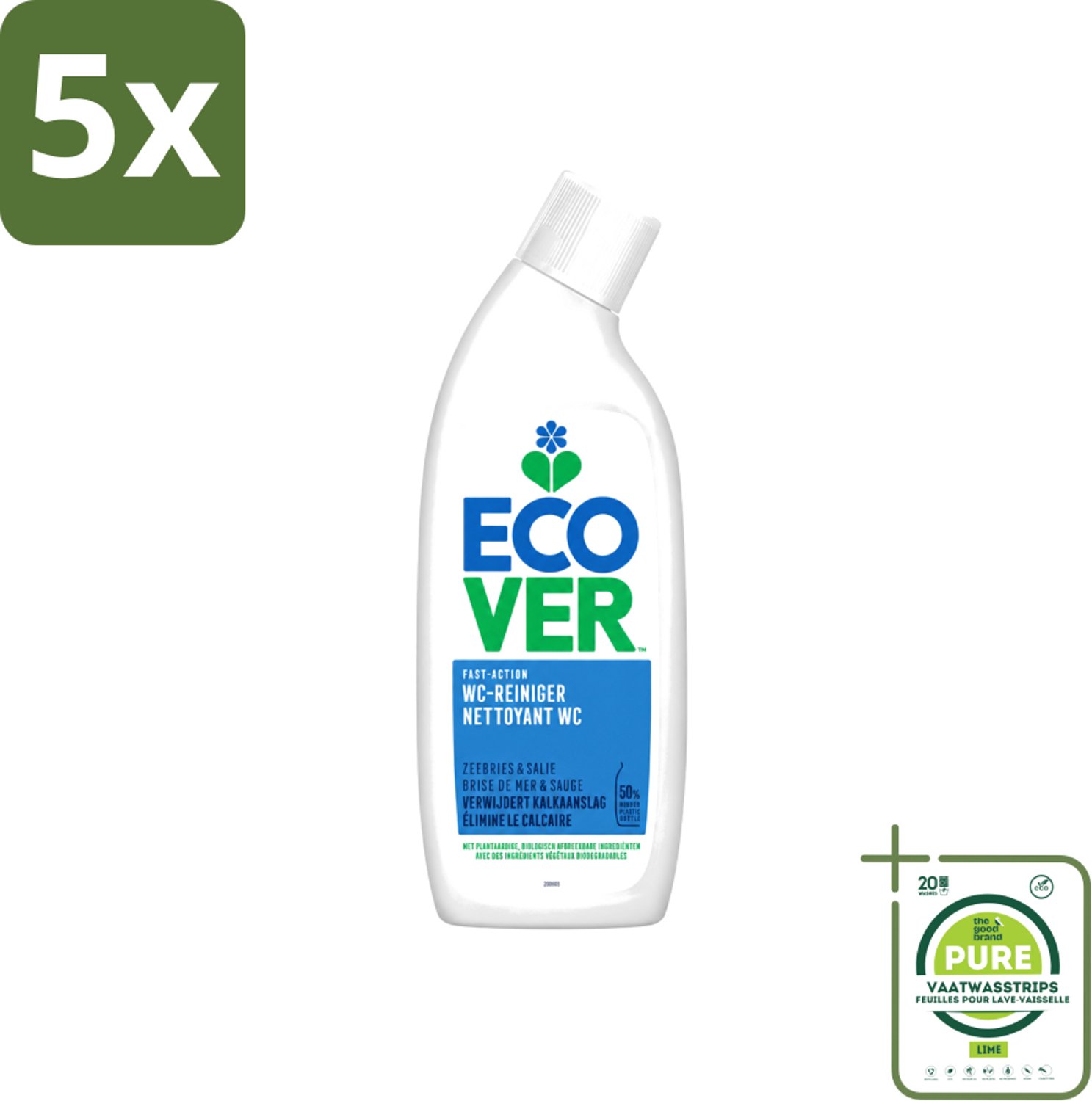 5 x Ecover - Toiletreiniger - Zeebries & Salie - 750 ml - Grootverpakking - Vaatwasstrips - Toiletreiniger - Zeebries - Salie - Natuurlijke Geur - Plantaardige Reiniging