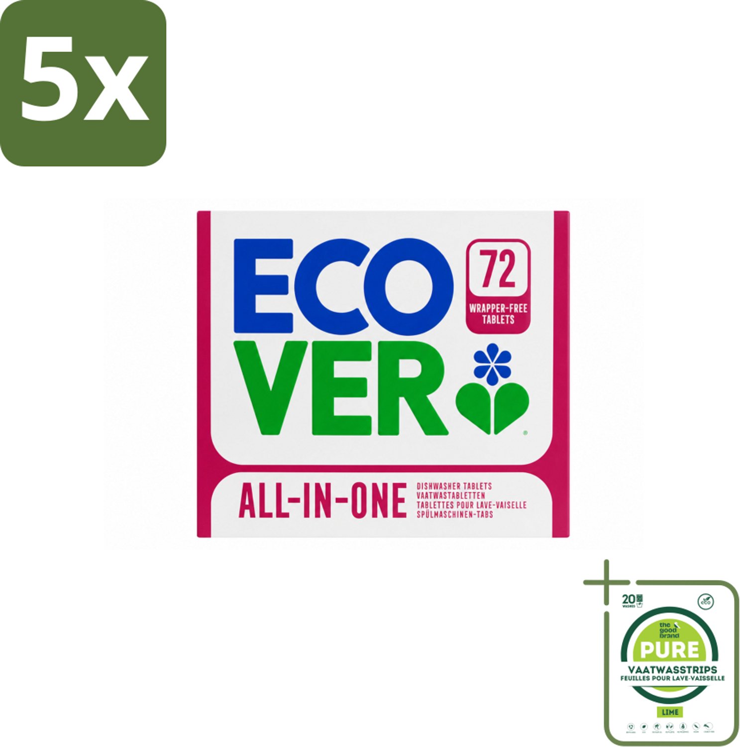 5 x Ecover - Vaatwastabletten All-in-One - Lemon & Mandarin - 72 Tabs - Grootverpakking - Vaatwasstrips - Vaatwastabletten - Natuurlijke Reiniging - Milieuvriendelijke Vaatwas - Citroen En Mandarijn - Plasticvrij